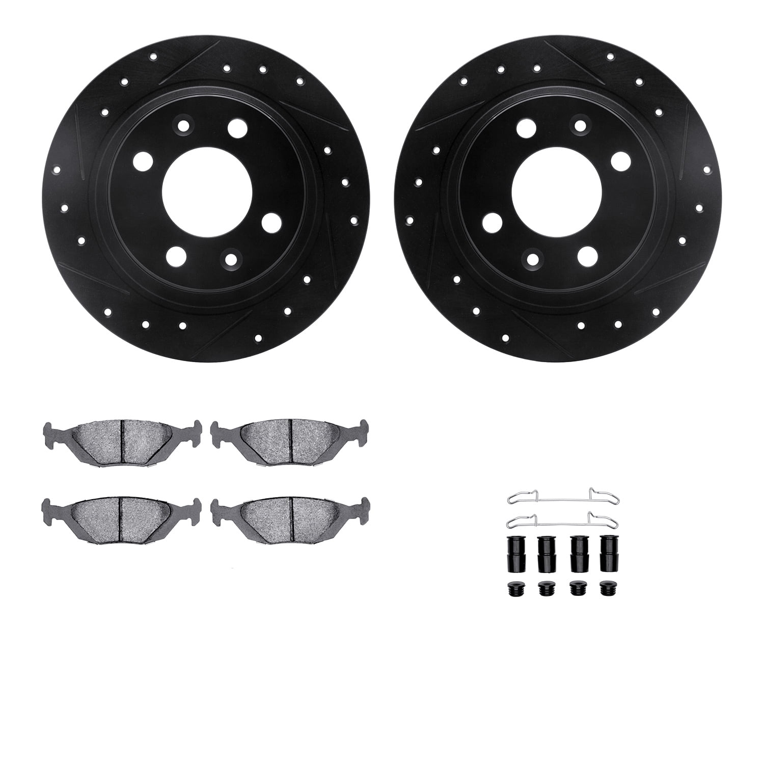 Dynamic Friction Company Rear Brake Rotors-Drilled and Slotted-Black with 5000 Euro Ceramic Brake Pads includes Hardware 8612-65003