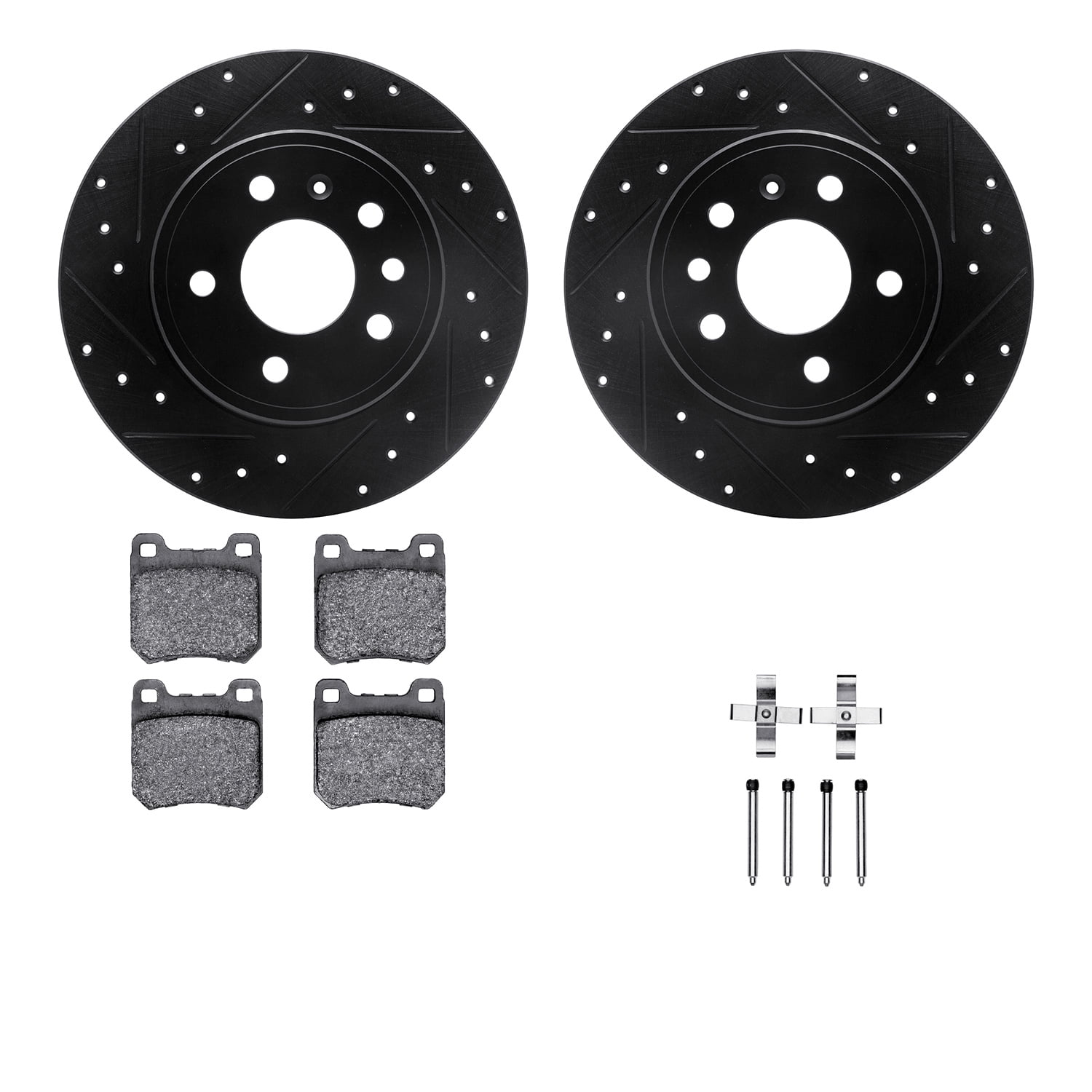 Dynamic Friction Company Rear Brake Rotors-Drilled and Slotted-Black with 5000 Euro Ceramic Brake Pads includes Hardware 8612-65005