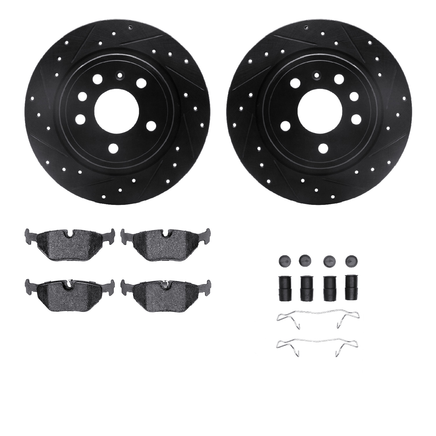 Dynamic Friction Company Rear Brake Rotors-Drilled and Slotted-Black with 5000 Euro Ceramic Brake Pads includes Hardware 8612-65006