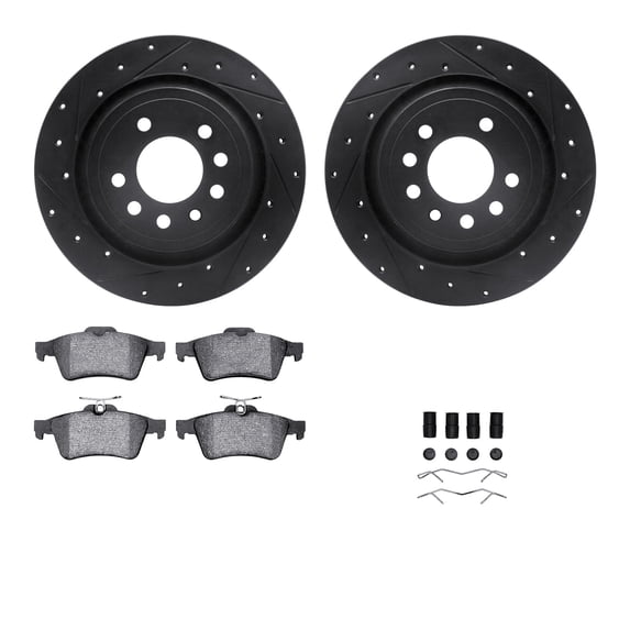 Dynamic Friction Company Rear Brake Rotors-Drilled and Slotted-Black with 5000 Euro Ceramic Brake Pads includes Hardware 8612-65016