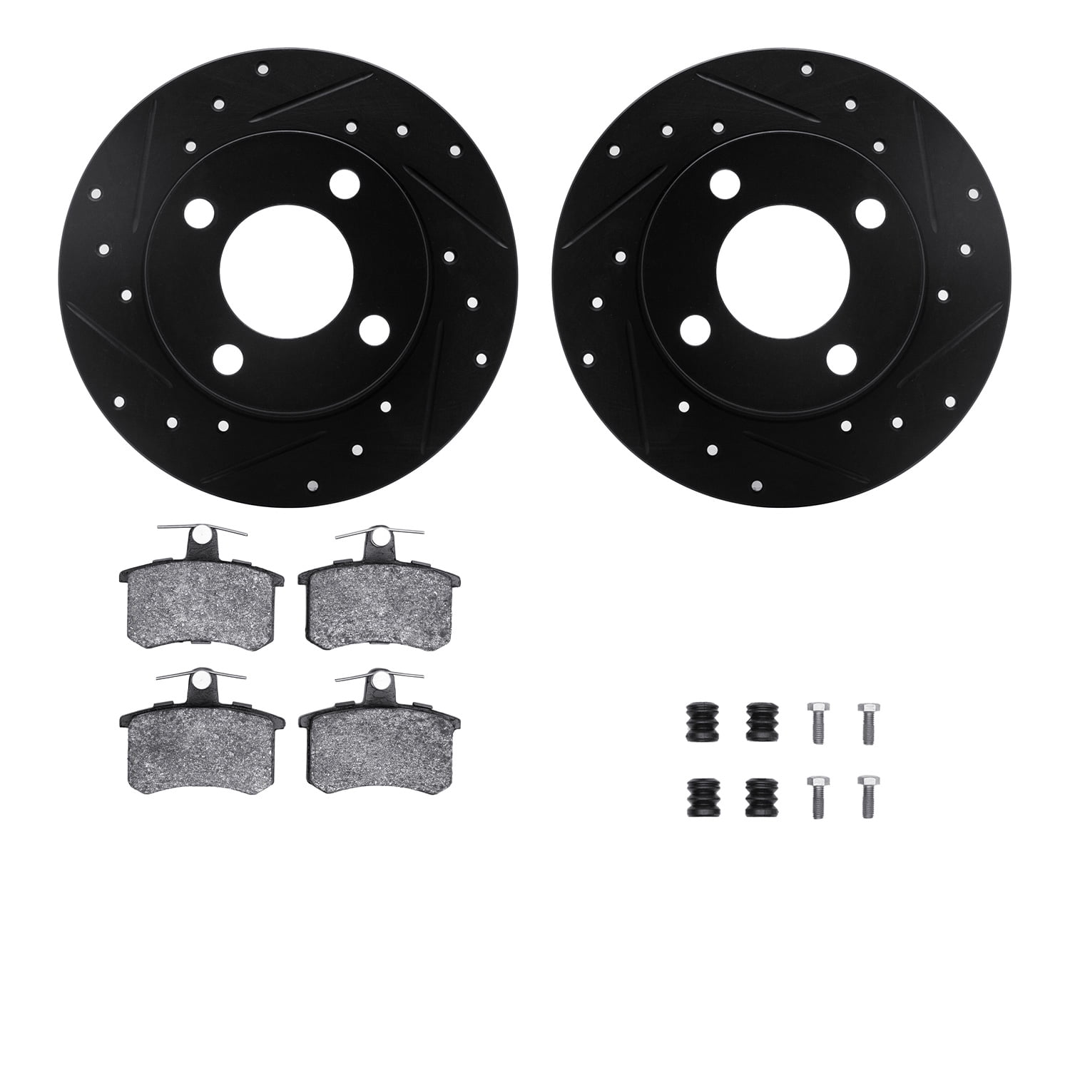 Dynamic Friction Company Rear Brake Rotors-Drilled and Slotted-Black with 5000 Euro Ceramic Brake Pads includes Hardware 8612-73009