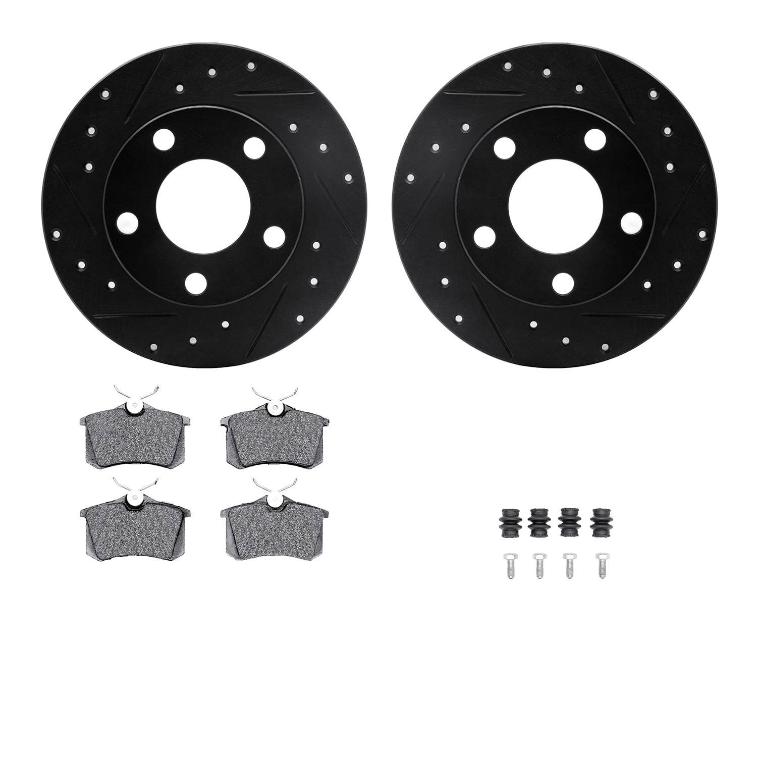 Dynamic Friction Company Rear Brake Rotors-Drilled and Slotted-Black with 5000 Euro Ceramic Brake Pads includes Hardware 8612-73020