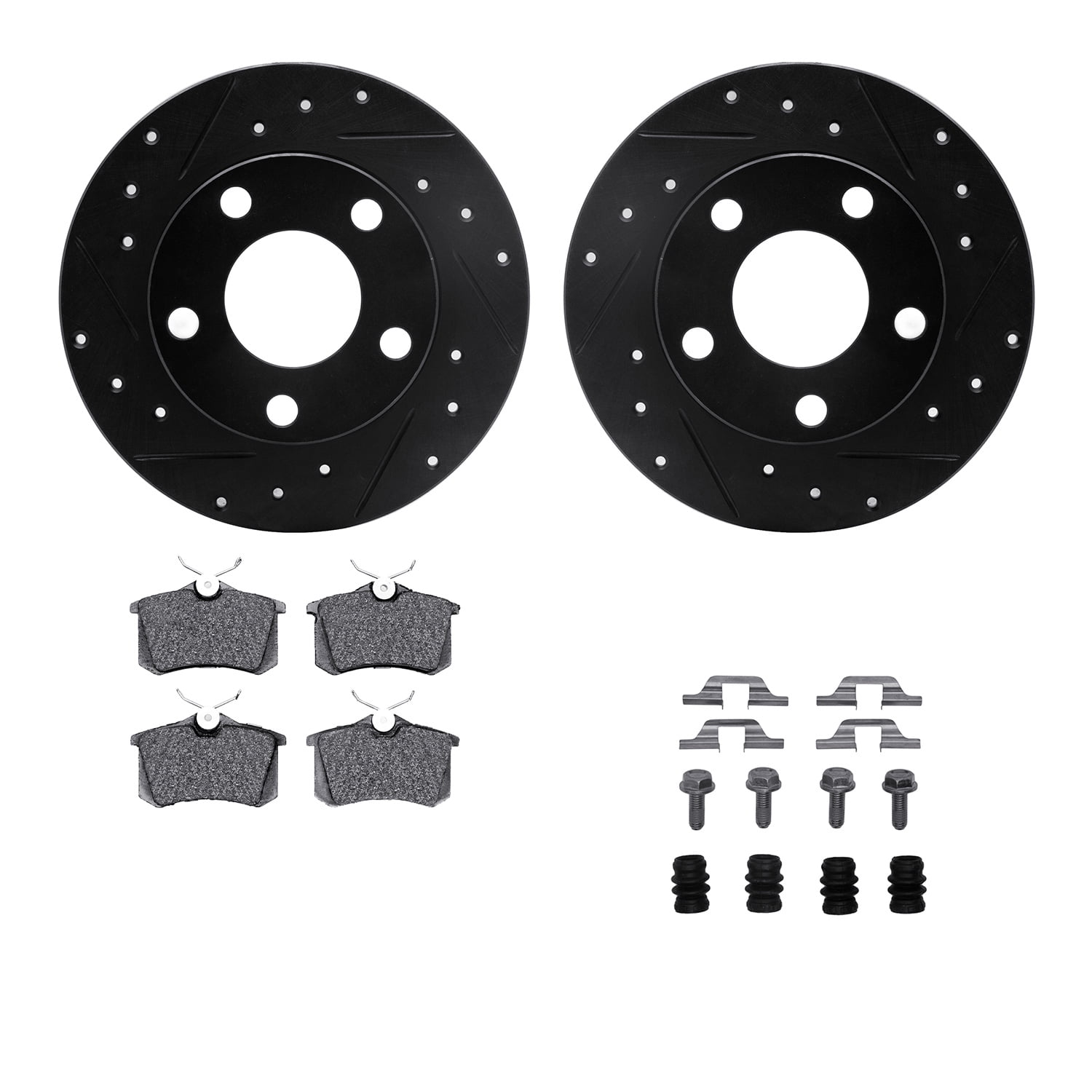 Dynamic Friction Company Rear Brake Rotors-Drilled and Slotted-Black with 5000 Euro Ceramic Brake Pads includes Hardware 8612-73021