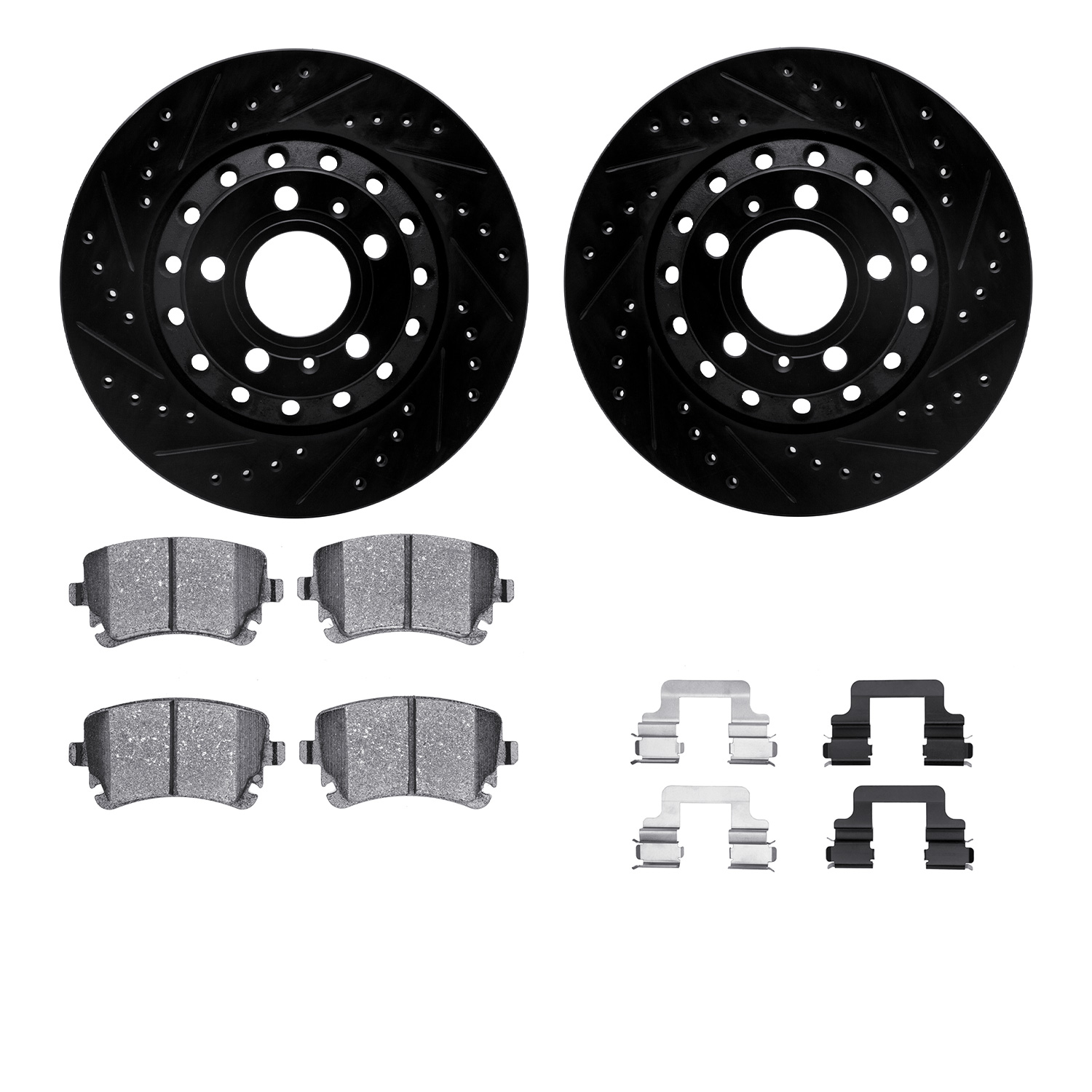 Dynamic Friction Company Rear Brake Rotors-Drilled and Slotted-Black with 5000 Euro Ceramic Brake Pads includes Hardware 8612-73037