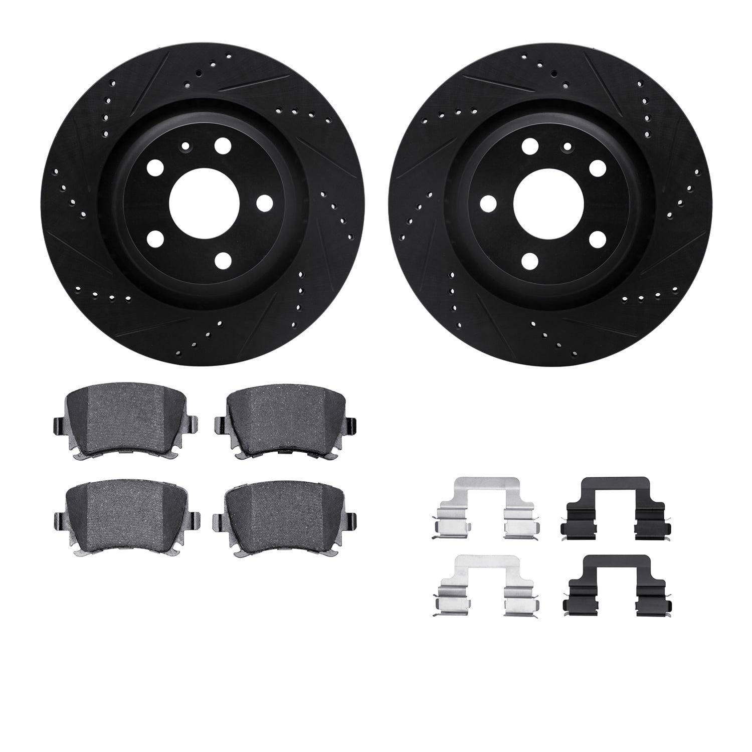 Dynamic Friction Company Rear Brake Rotors-Drilled and Slotted-Black with 5000 Euro Ceramic Brake Pads includes Hardware 8612-73048