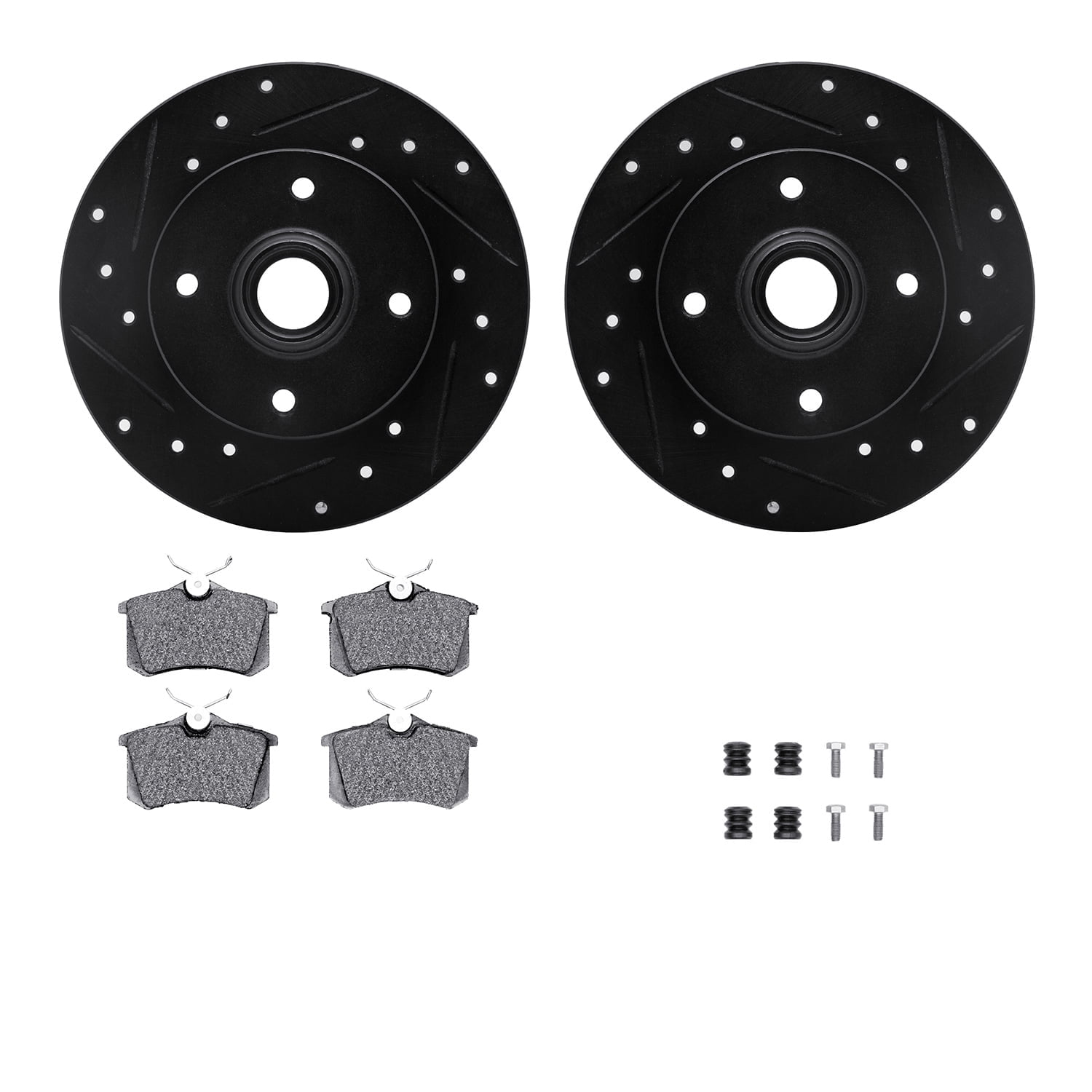 Dynamic Friction Company Rear Brake Rotors-Drilled and Slotted-Black with 5000 Euro Ceramic Brake Pads includes Hardware 8612-74005