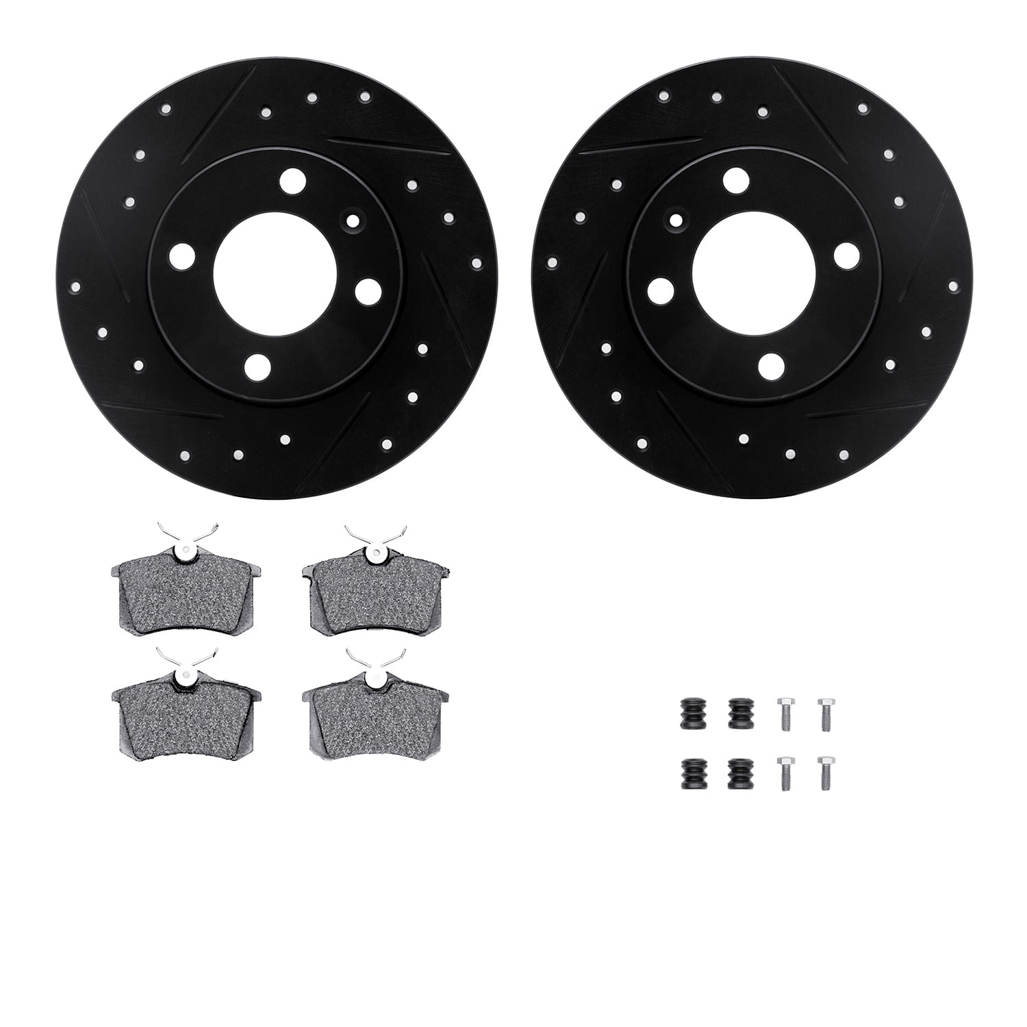Dynamic Friction Company Rear Brake Rotors-Drilled and Slotted-Black with 5000 Euro Ceramic Brake Pads includes Hardware 8612-74008