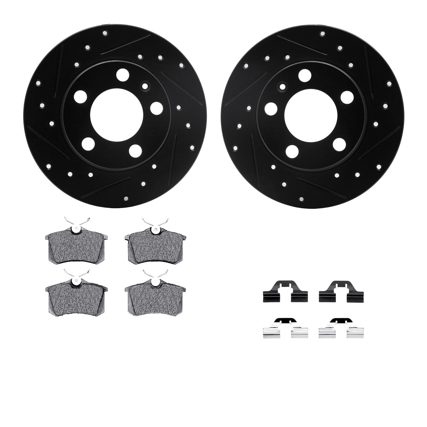Dynamic Friction Company Rear Brake Rotors-Drilled and Slotted-Black with 5000 Euro Ceramic Brake Pads includes Hardware 8612-74021