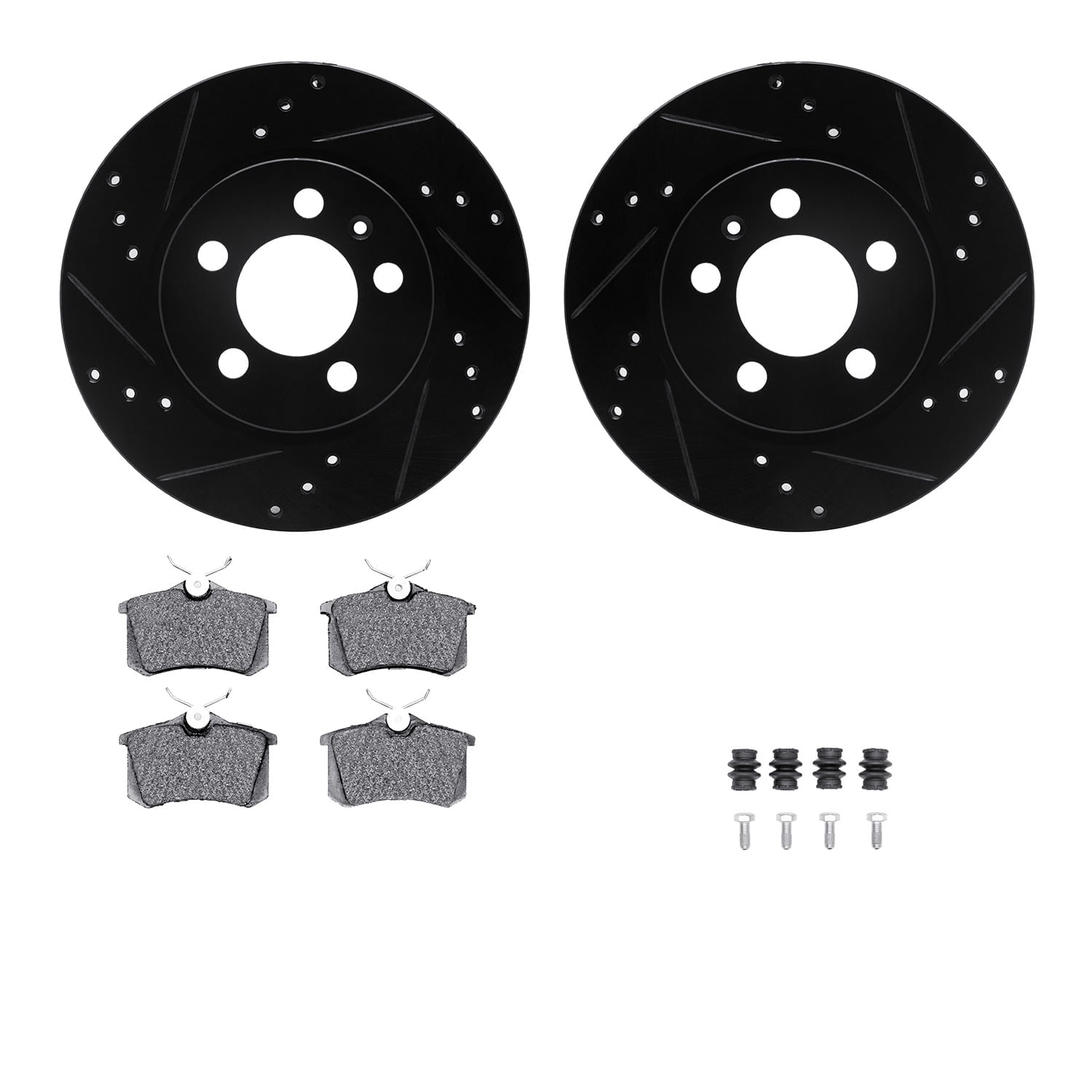 Dynamic Friction Company Rear Brake Rotors-Drilled and Slotted-Black with 5000 Euro Ceramic Brake Pads includes Hardware 8612-74027