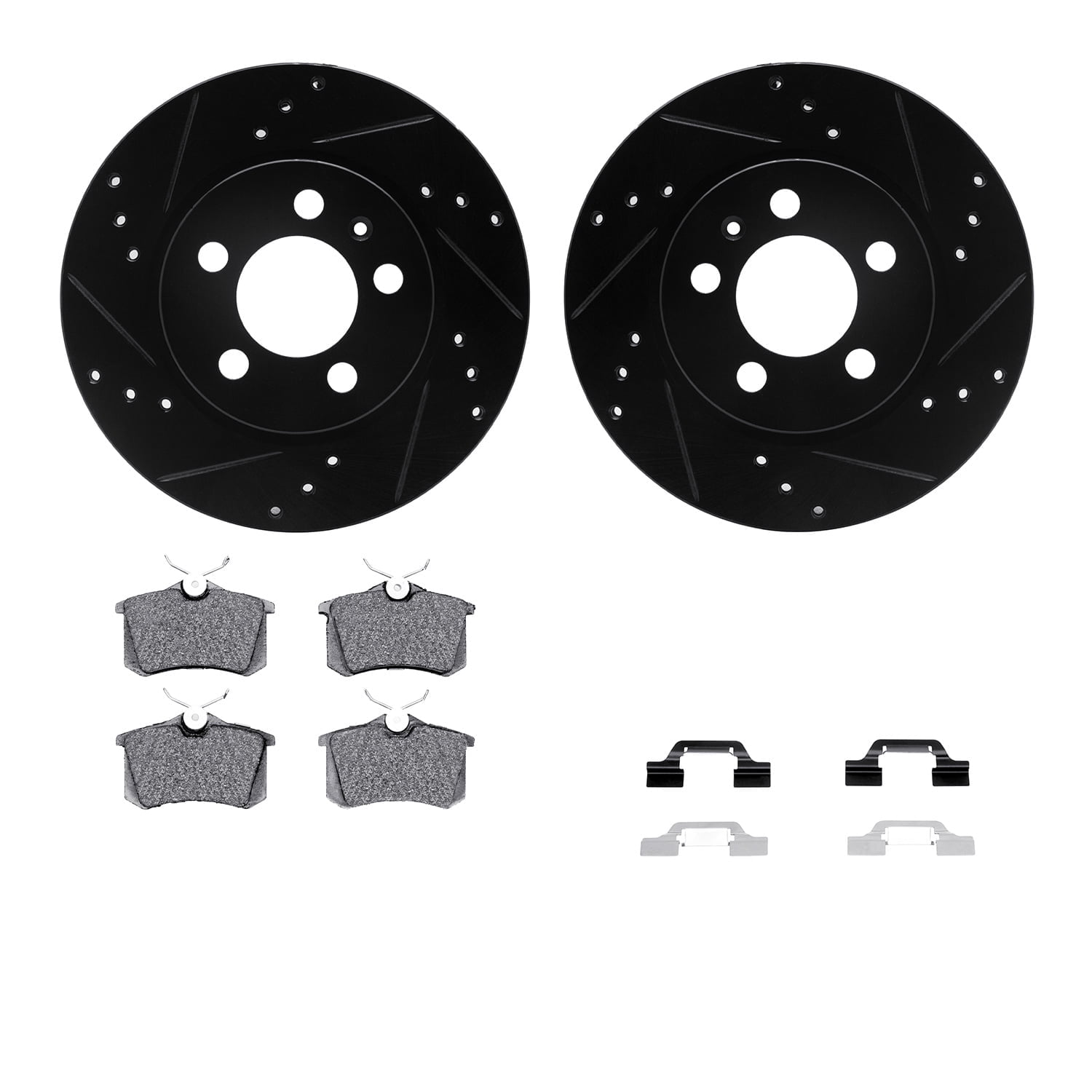 Dynamic Friction Company Rear Brake Rotors-Drilled and Slotted-Black with 5000 Euro Ceramic Brake Pads includes Hardware 8612-74028