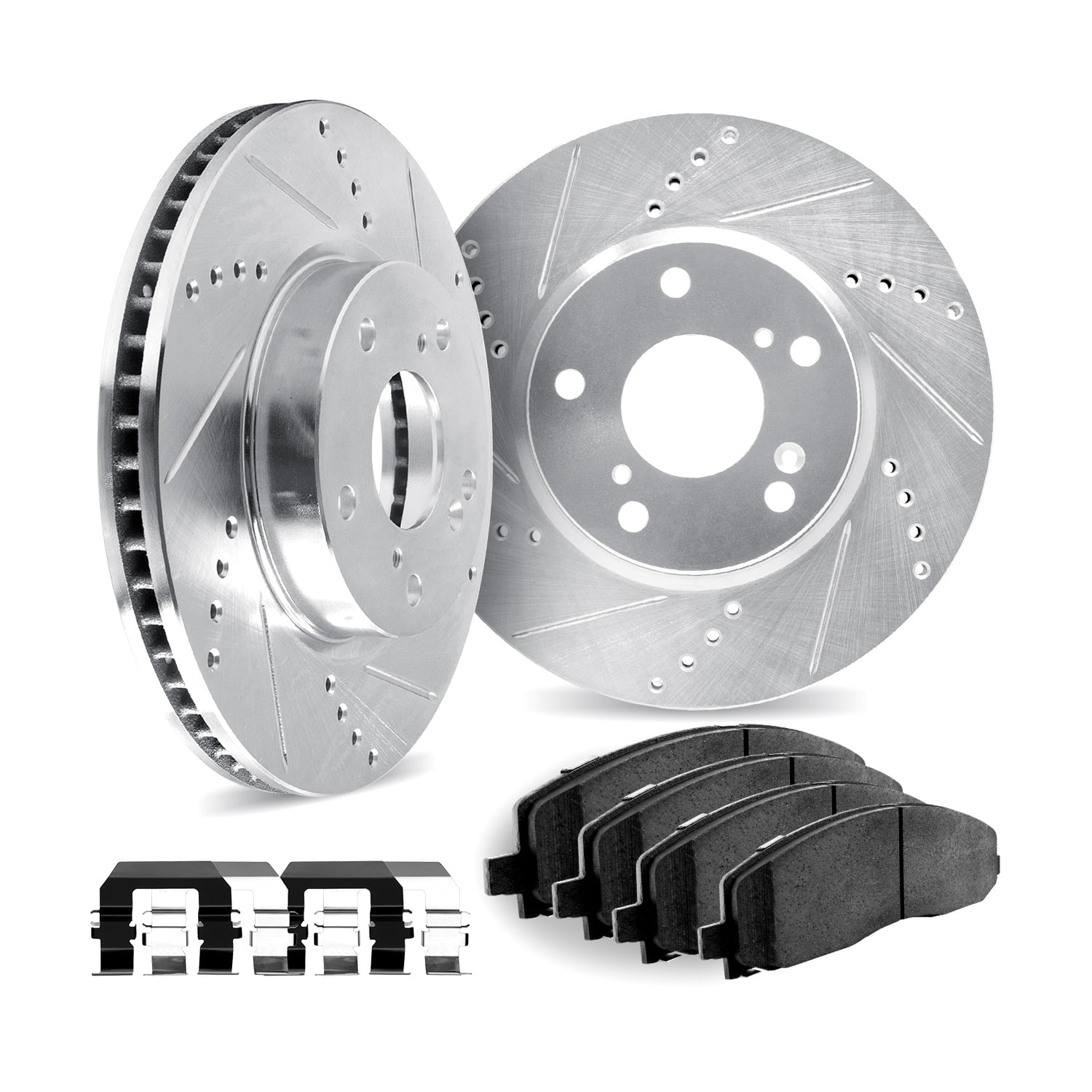 Dynamic Friction Company Rear Brake Rotors Drilled and Slotted Black with 5000 Euro Ceramic Brake Pads includes Hardware - 8612-92005