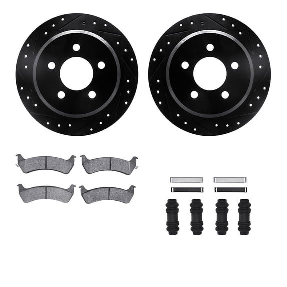 Dynamic Friction Company Rear Brake Rotors-Drilled and Slotted-Black with Heavy Duty Brake Pads includes Hardware 8212-42092