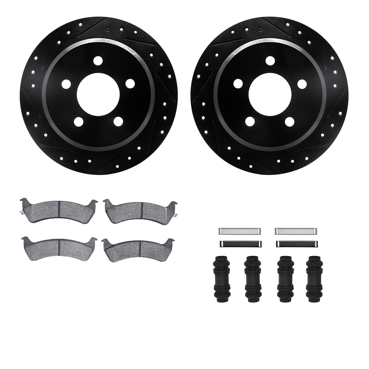 Dynamic Friction Company Rear Brake Rotors-Drilled and Slotted-Black with Heavy Duty Brake Pads includes Hardware 8212-42092