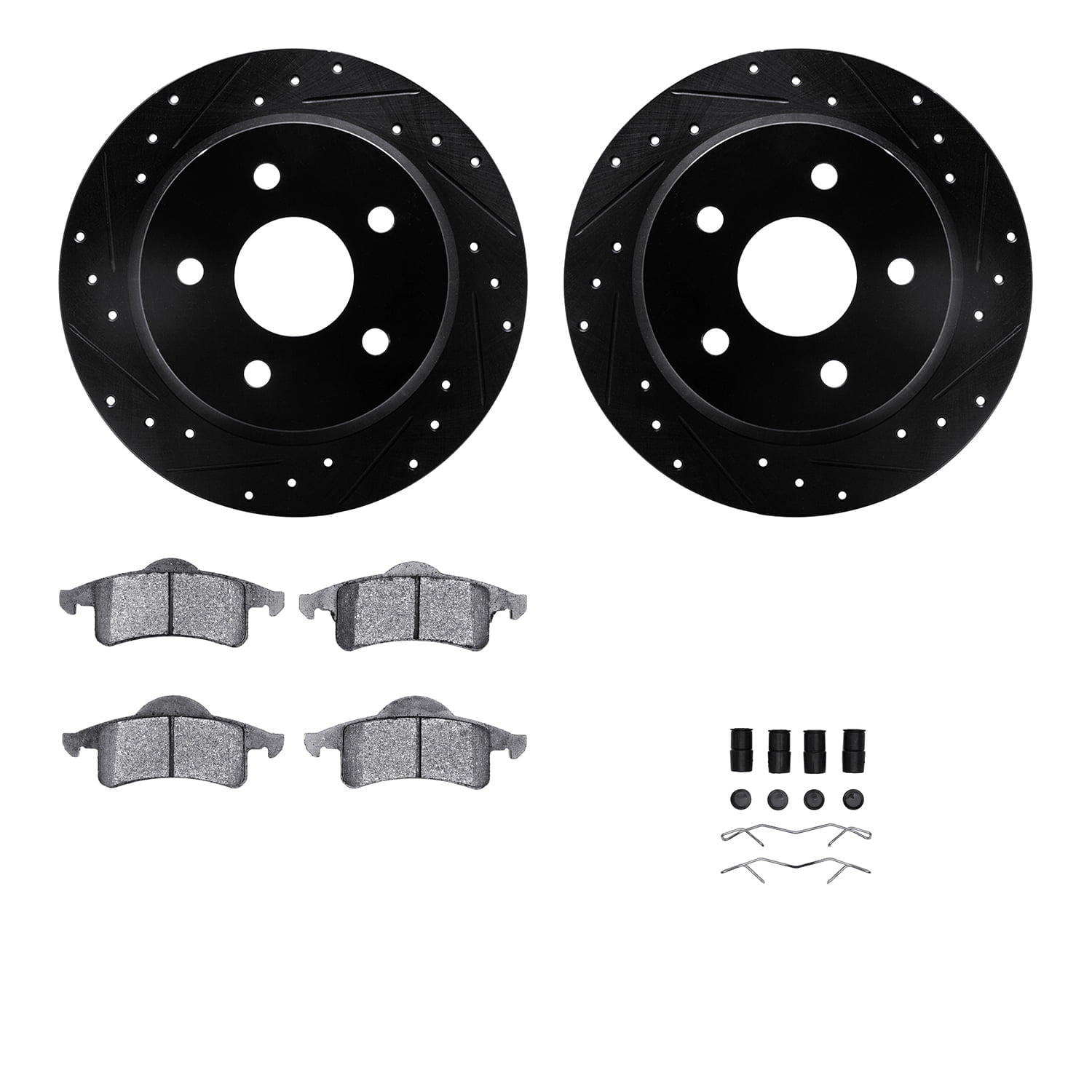 Dynamic Friction Company Rear Brake Rotors-Drilled and Slotted-Black with Heavy Duty Brake Pads includes Hardware 8212-42097