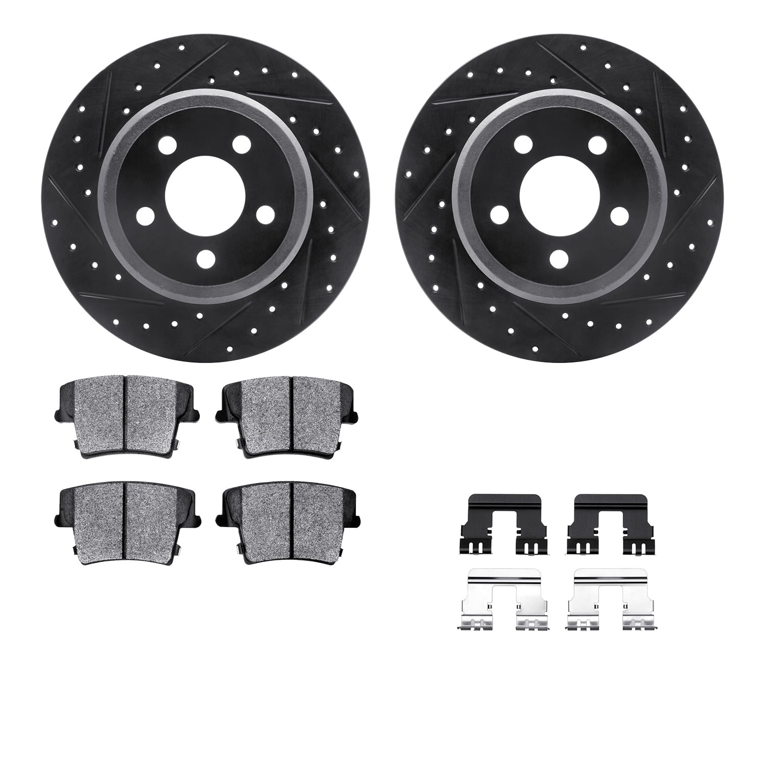 Dynamic Friction Company Rear Brake Rotors Drilled and Slotted Black with Heavy Duty Brake Pads includes Hardware - 8212-55015