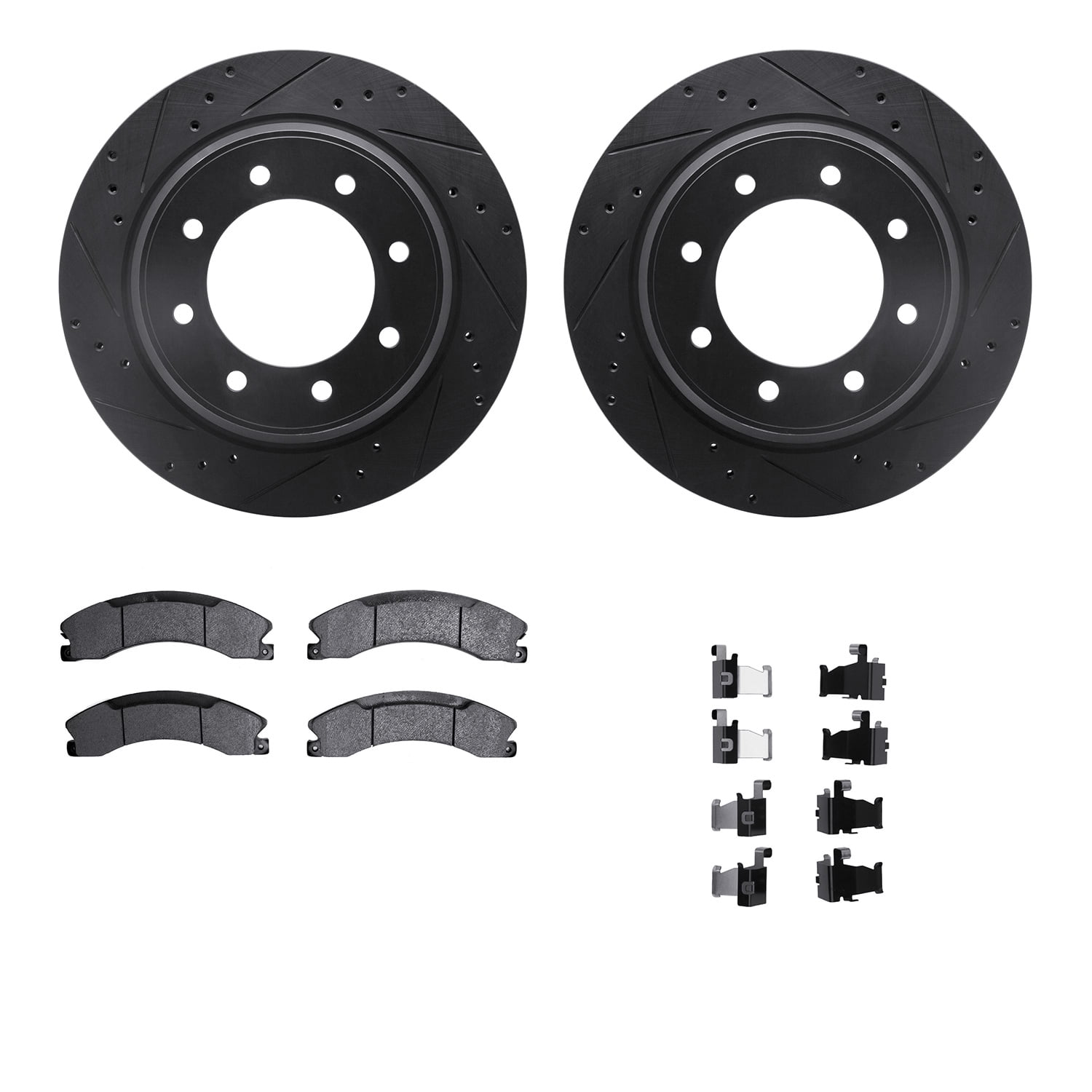 Dynamic Friction Company Rear Brake Rotors-Drilled and Slotted-Black with Heavy Duty Brake Pads includes Hardware 8212-67003
