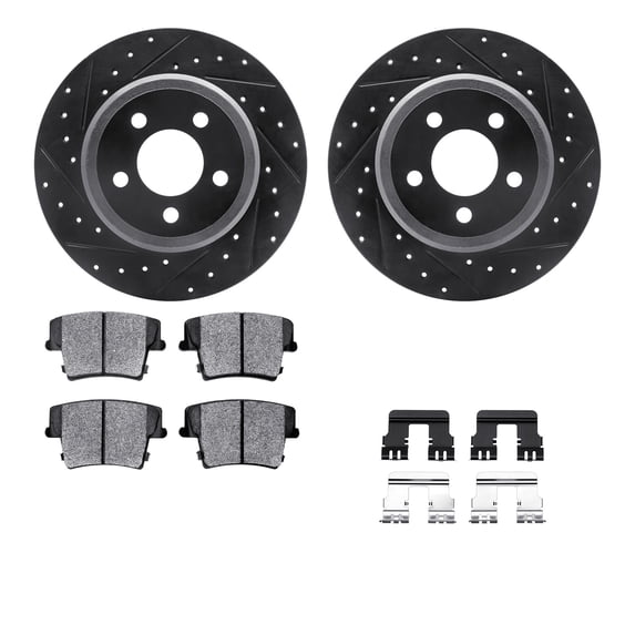 Dynamic Friction Company Rear Brake Rotors Drilled and Slotted Black with Heavy Duty Brake Pads includes Hardware - 8212-67006