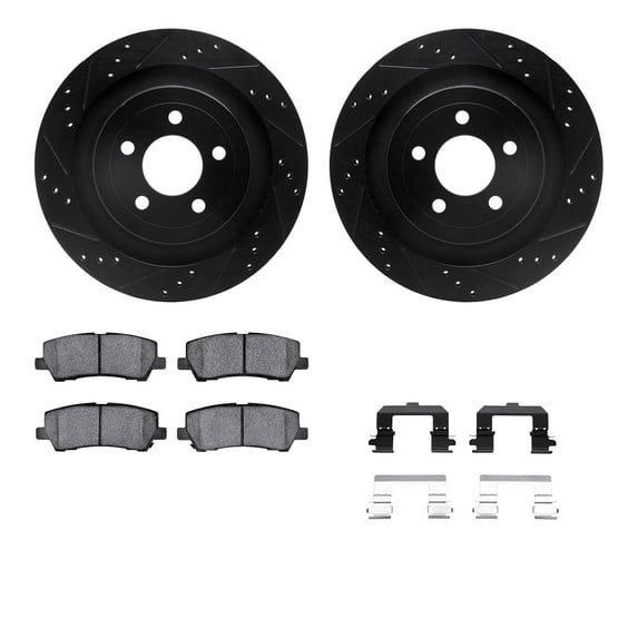 Dynamic Friction Company Rear Brake Rotors-Drilled and Slotted-Black with Heavy Duty Brake Pads includes Hardware 8212-99051