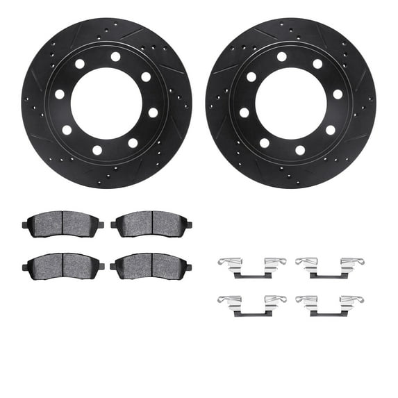 Dynamic Friction Company Rear Brake Rotors-Drilled and Slotted-Black with Heavy Duty Brake Pads includes Hardware 8212-99150