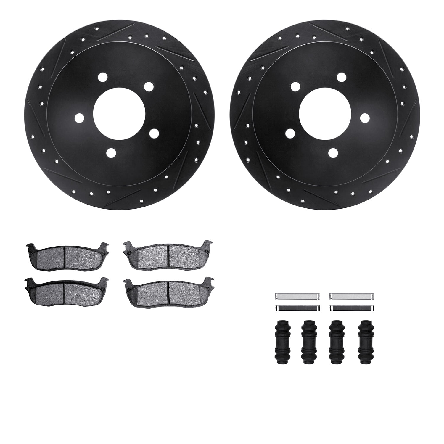 Dynamic Friction Company Rear Brake Rotors-Drilled and Slotted-Black with Heavy Duty Brake Pads includes Hardware 8212-99167
