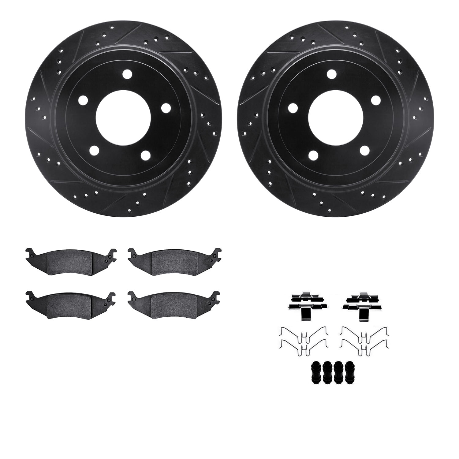 Dynamic Friction Company Rear Brake Rotors-Drilled and Slotted-Black with Heavy Duty Brake Pads includes Hardware 8212-99192