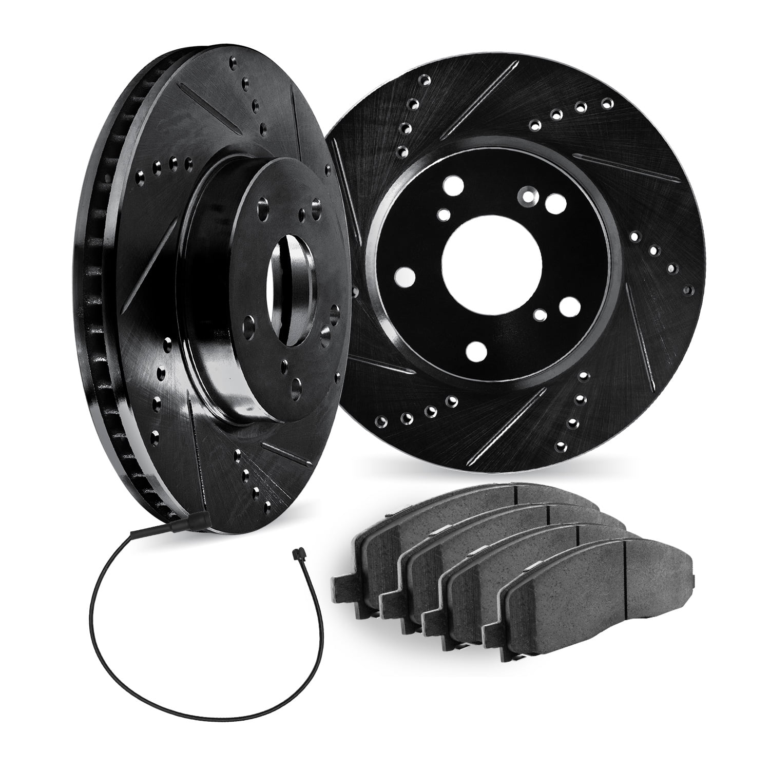 Dynamic Friction Company Rear Brake Rotors Drilled and Slotted Black with Heavy Duty Brake Pads includes Sensor - 8232-40002