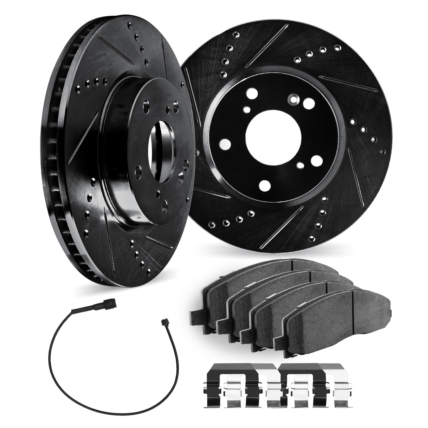 Dynamic Friction Company Rear Brake Rotors Drilled and Slotted Black with Heavy Duty Brake Pads includesSensor and Hardware - 8222-40001