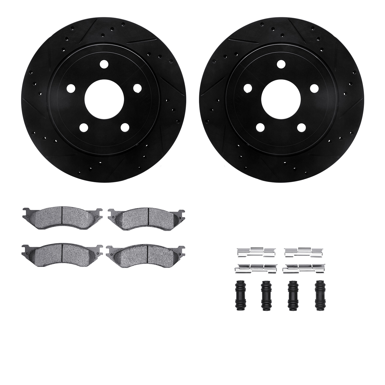 Dynamic Friction Company Rear Brake Rotors-Drilled and Slotted-Black with Ultimate Duty Performance Brake Pads includes Hardware 8412-40019