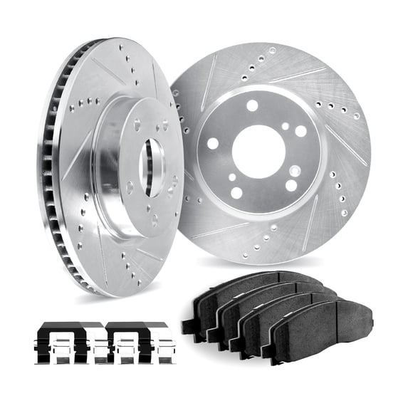 Dynamic Friction Company Rear Brake Rotors Drilled and Slotted Black with Ultimate Duty Performance Brake Pads includes Hardware - 8412-42011