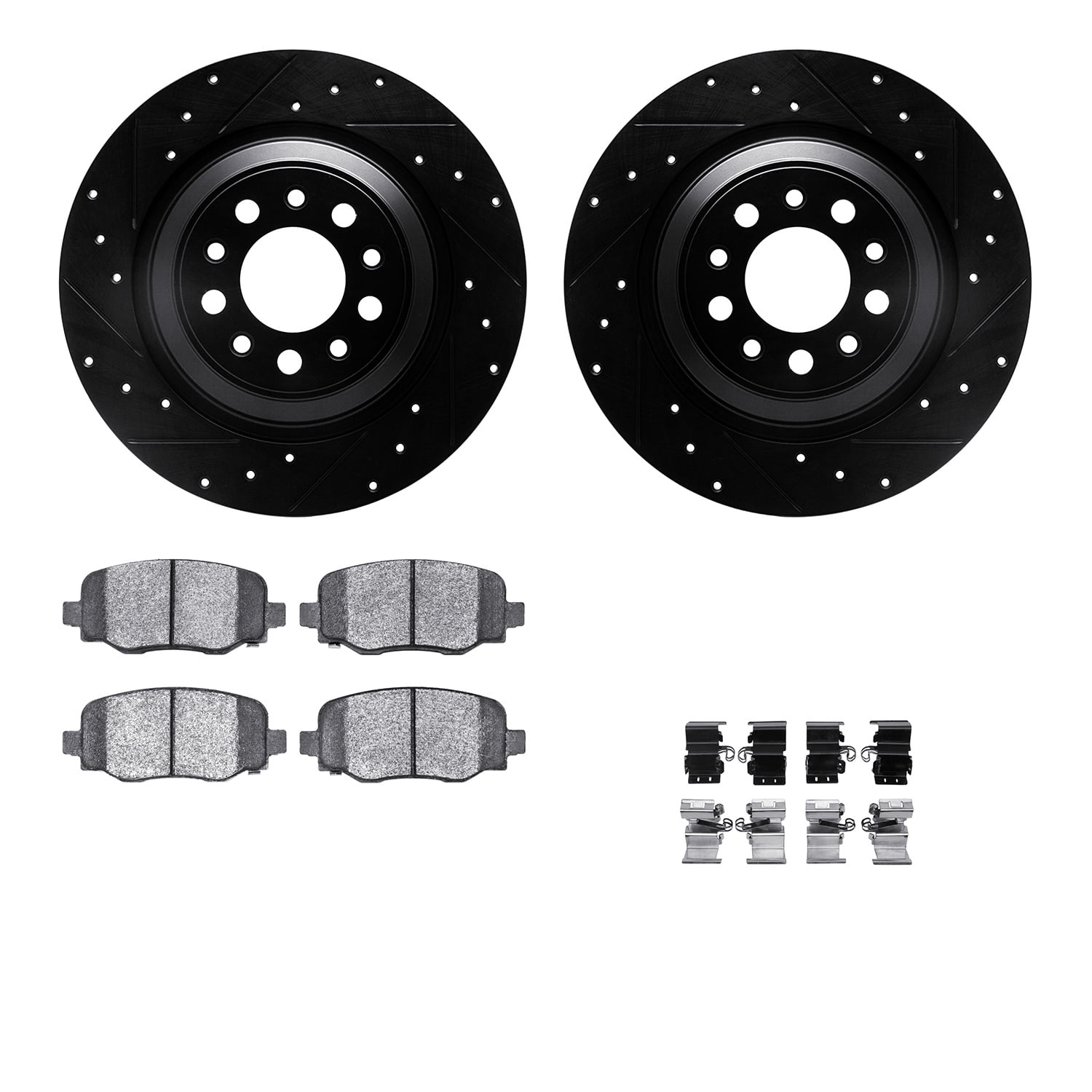 Dynamic Friction Company Rear Brake Rotors-Drilled and Slotted-Black with Ultimate Duty Performance Brake Pads includes Hardware 8412-42012