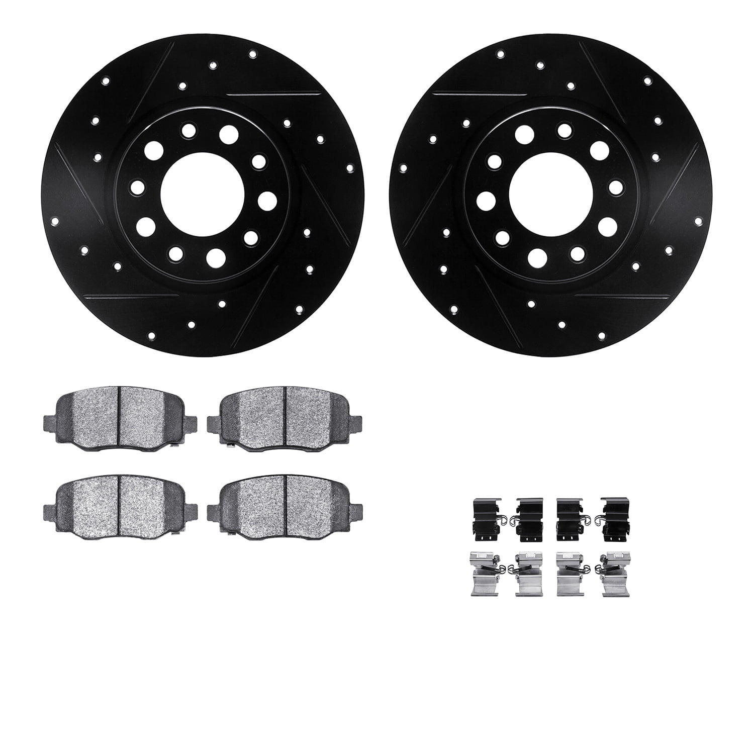 Dynamic Friction Company Rear Brake Rotors-Drilled and Slotted-Black with Ultimate Duty Performance Brake Pads includes Hardware 8412-42014