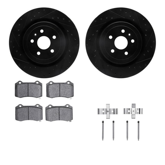Dynamic Friction Company Rear Brake Rotors-Drilled and Slotted-Black with Ultimate Duty Performance Brake Pads includes Hardware 8412-47008