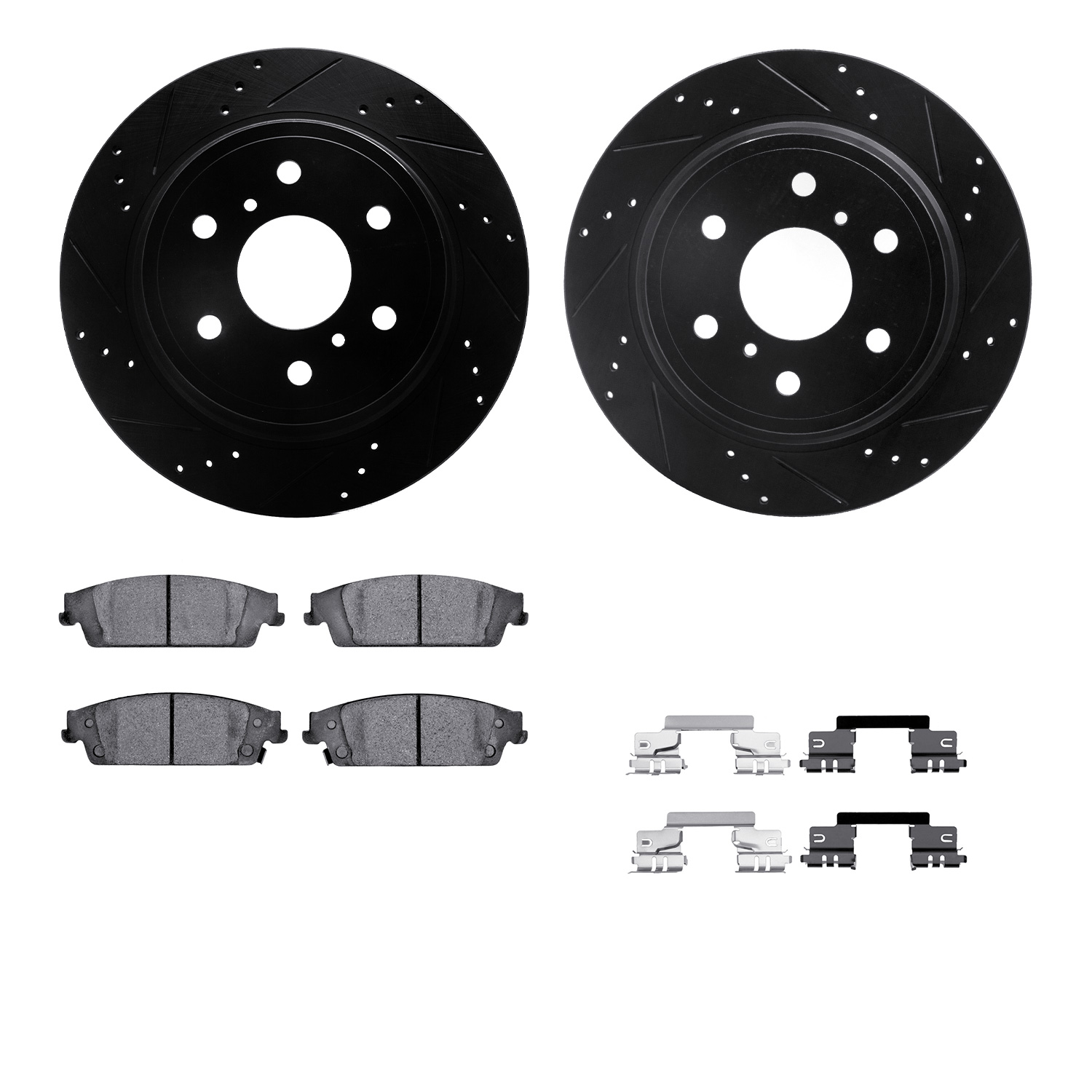 Dynamic Friction Company Rear Brake Rotors-Drilled and Slotted-Black with Ultimate Duty Performance Brake Pads includes Hardware 8412-48040