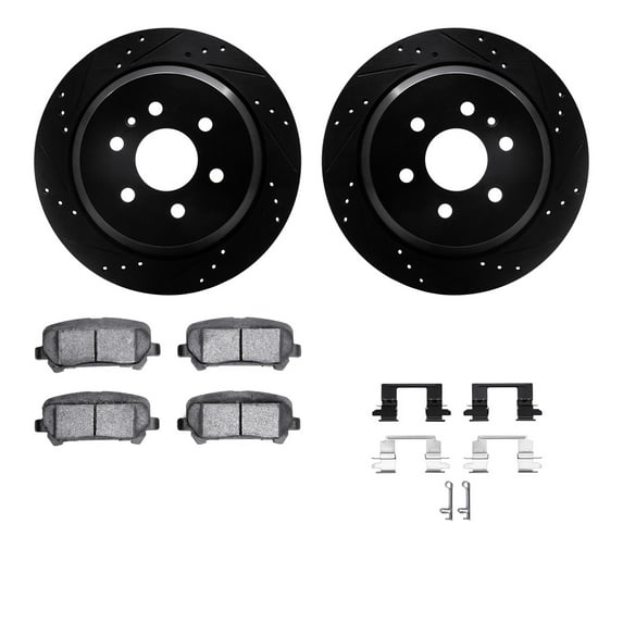 Dynamic Friction Company Rear Brake Rotors-Drilled and Slotted-Black with Ultimate Duty Performance Brake Pads includes Hardware 8412-48047