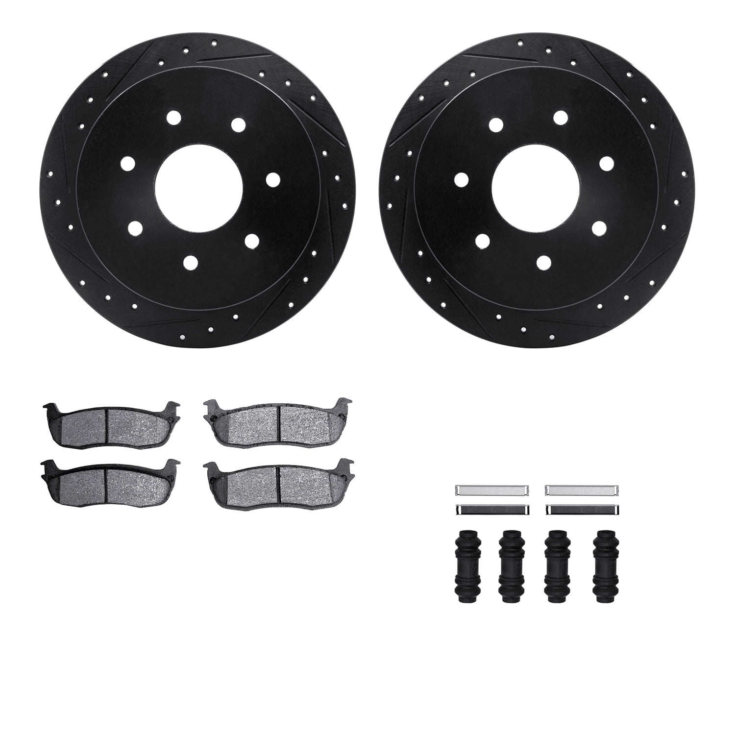 Dynamic Friction Company Rear Brake Rotors-Drilled and Slotted-Black with Ultimate Duty Performance Brake Pads includes Hardware 8412-54037