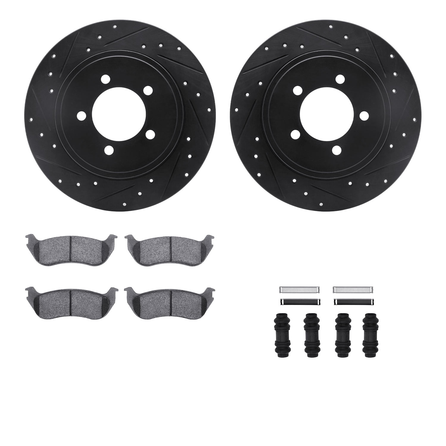 Dynamic Friction Company Rear Brake Rotors-Drilled and Slotted-Black with Ultimate Duty Performance Brake Pads includes Hardware 8412-54065