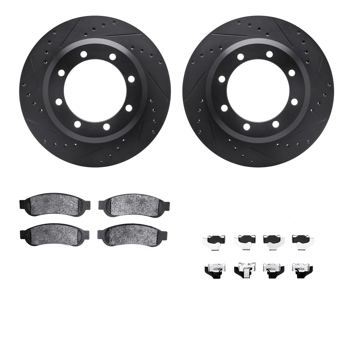 Dynamic Friction Company Rear Brake Rotors-Drilled and Slotted-Black with Ultimate Duty Performance Brake Pads includes Hardware 8412-54087
