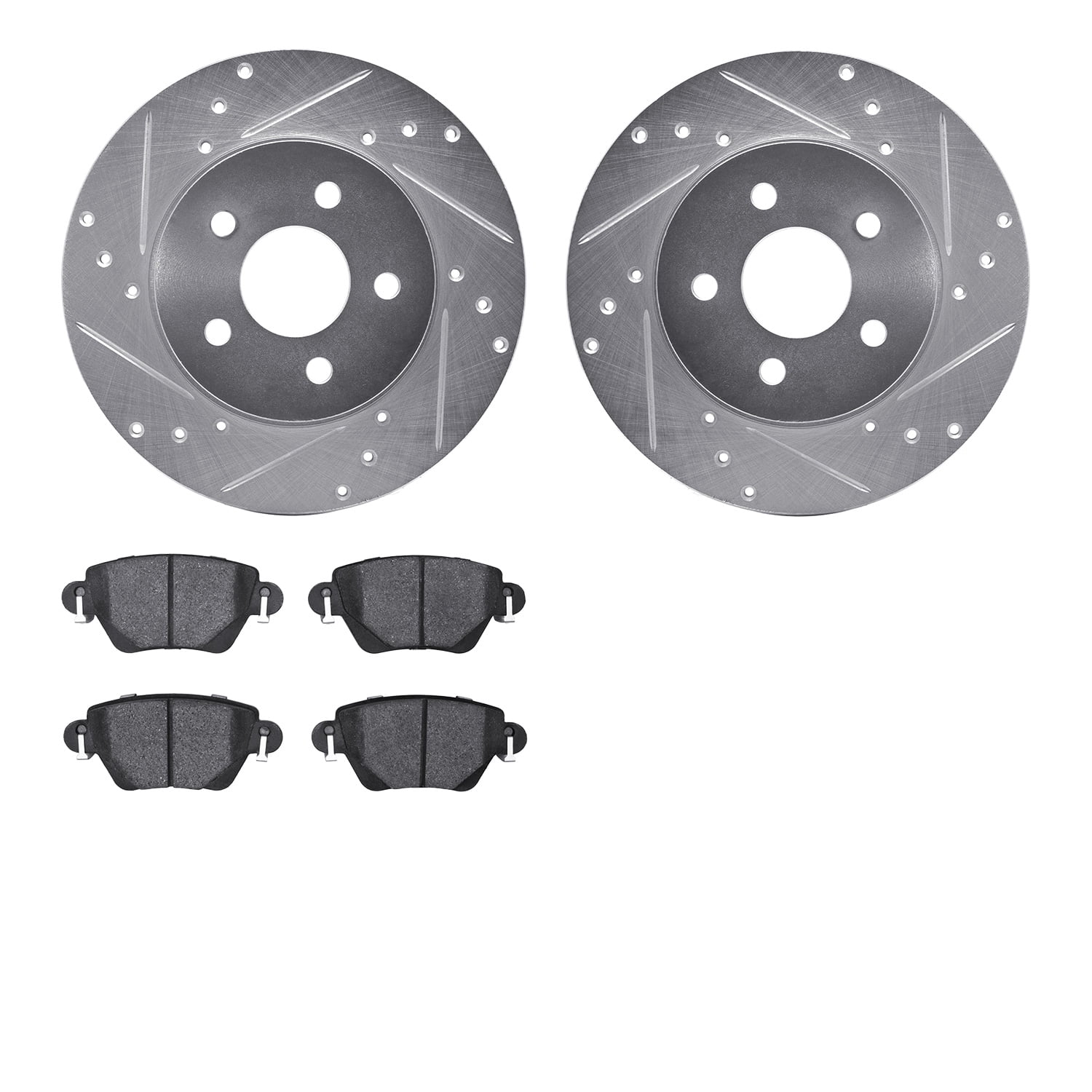 Dynamic Friction Company Rear Brake Rotors-Drilled and Slotted-Silver with 5000 Advanced Brake Pads 7502-20014