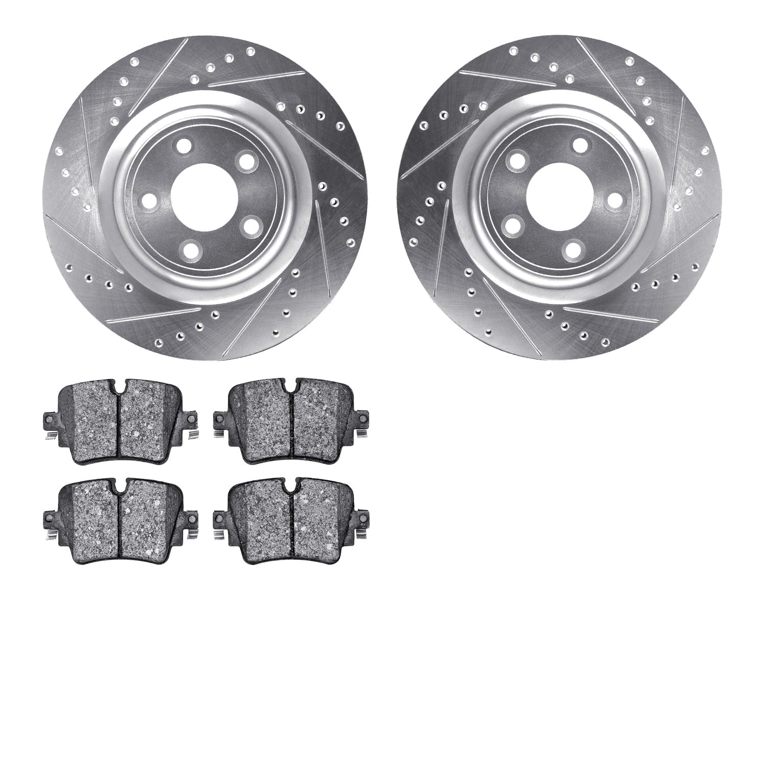 Dynamic Friction Company Rear Brake Rotors-Drilled and Slotted-Silver with 5000 Advanced Brake Pads 7502-20030