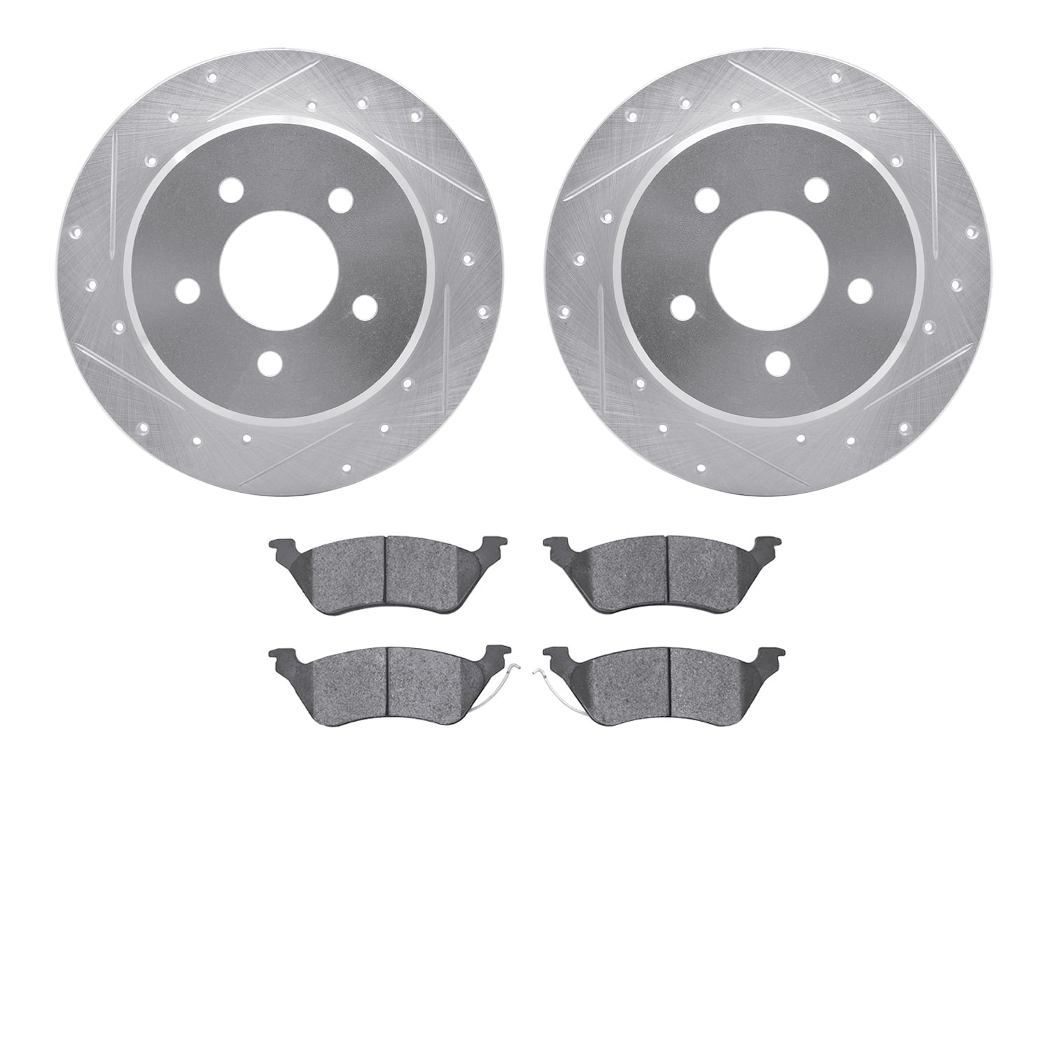Dynamic Friction Company Rear Brake Rotors-Drilled and Slotted-Silver with 5000 Advanced Brake Pads 7502-40278