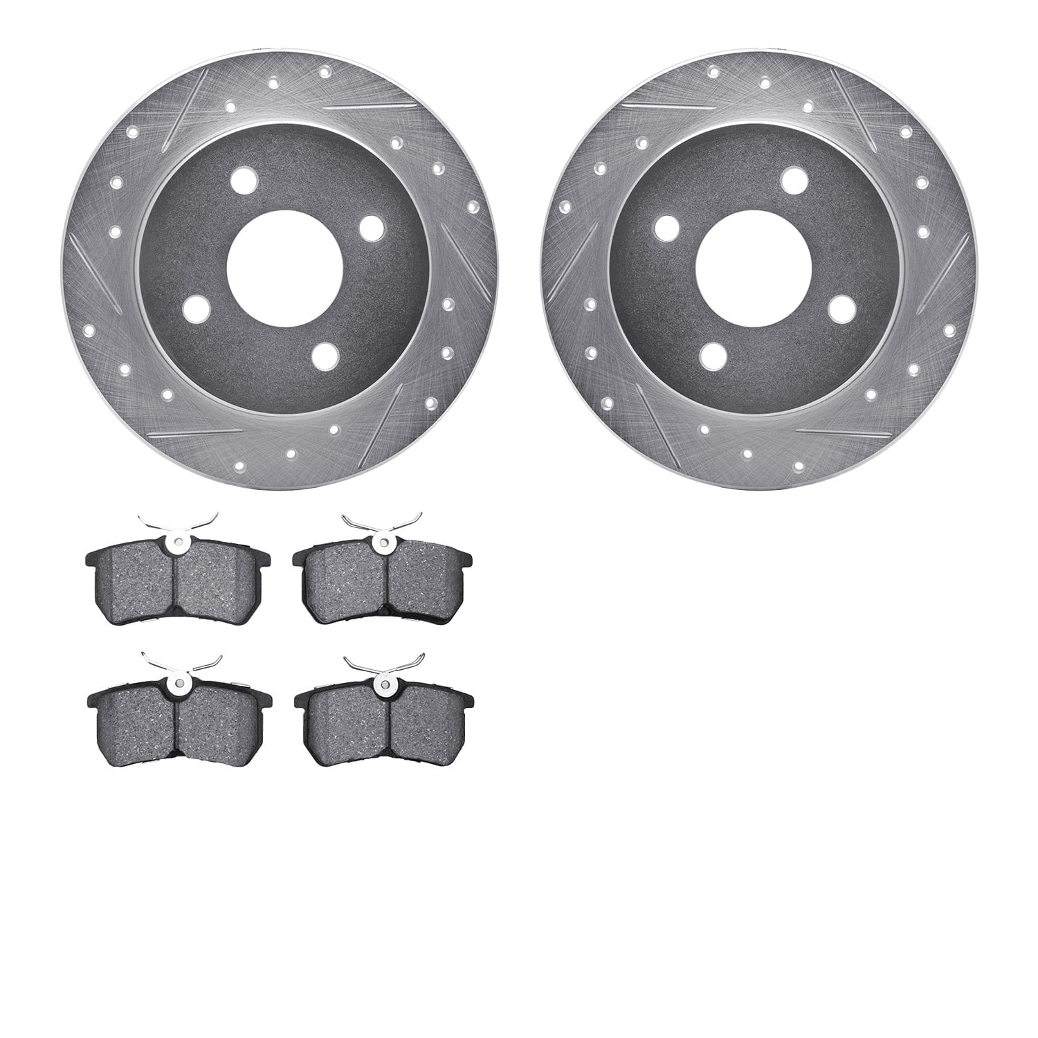 Dynamic Friction Company Rear Brake Rotors-Drilled and Slotted-Silver with 5000 Advanced Brake Pads 7502-54018