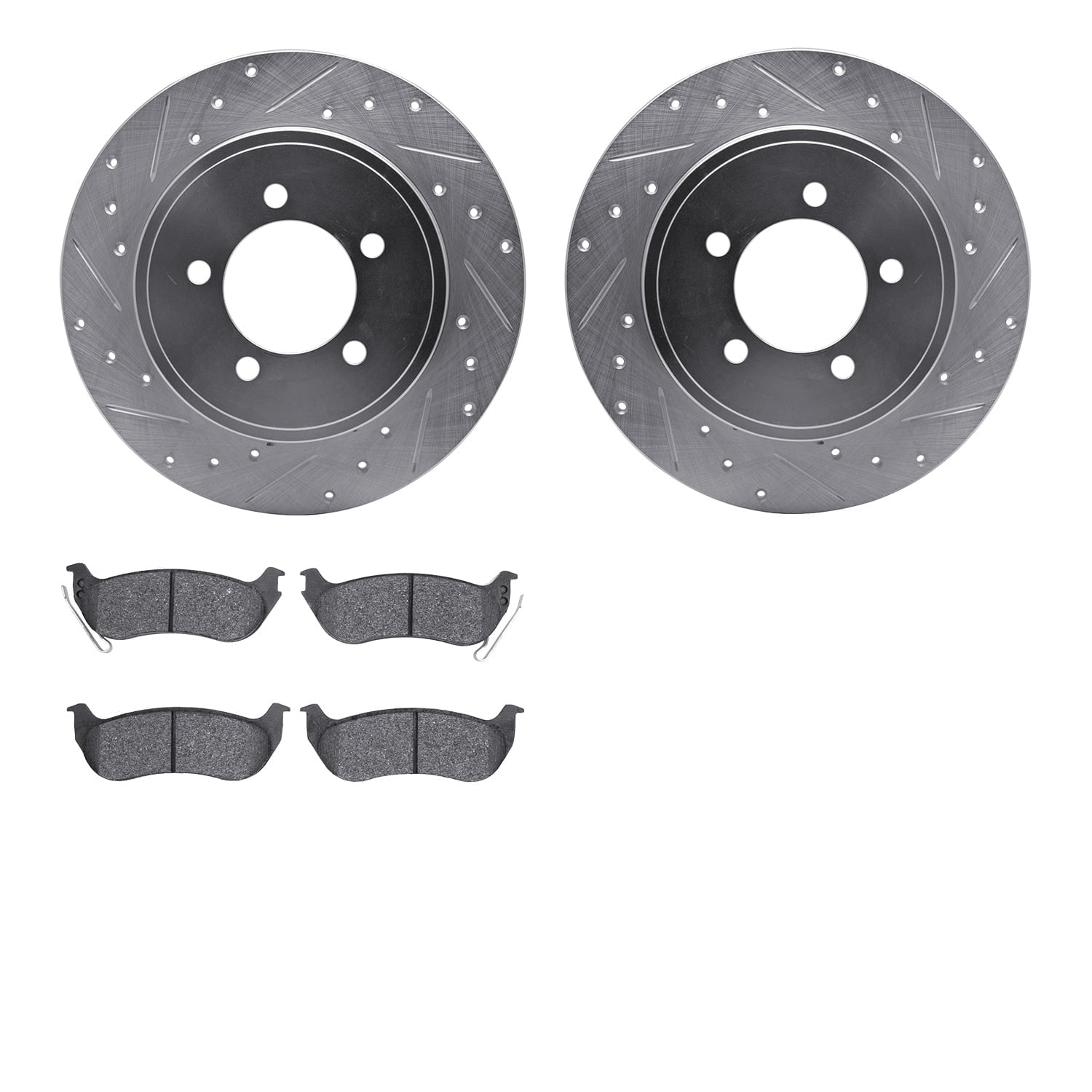 Dynamic Friction Company Rear Brake Rotors-Drilled and Slotted-Silver with 5000 Advanced Brake Pads 7502-54151