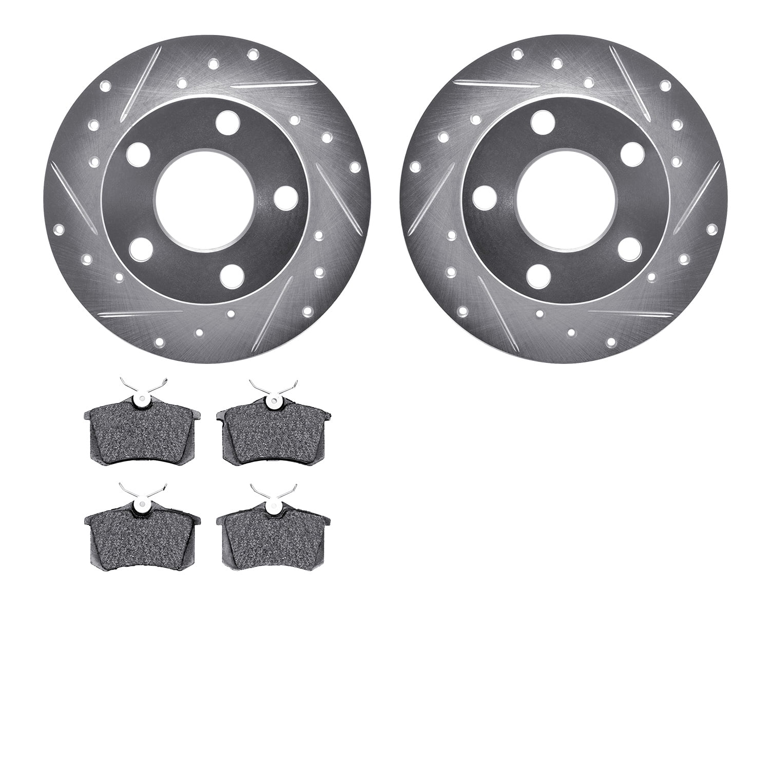 Dynamic Friction Company Rear Brake Rotors-Drilled and Slotted-Silver with 5000 Advanced Brake Pads 7502-74017
