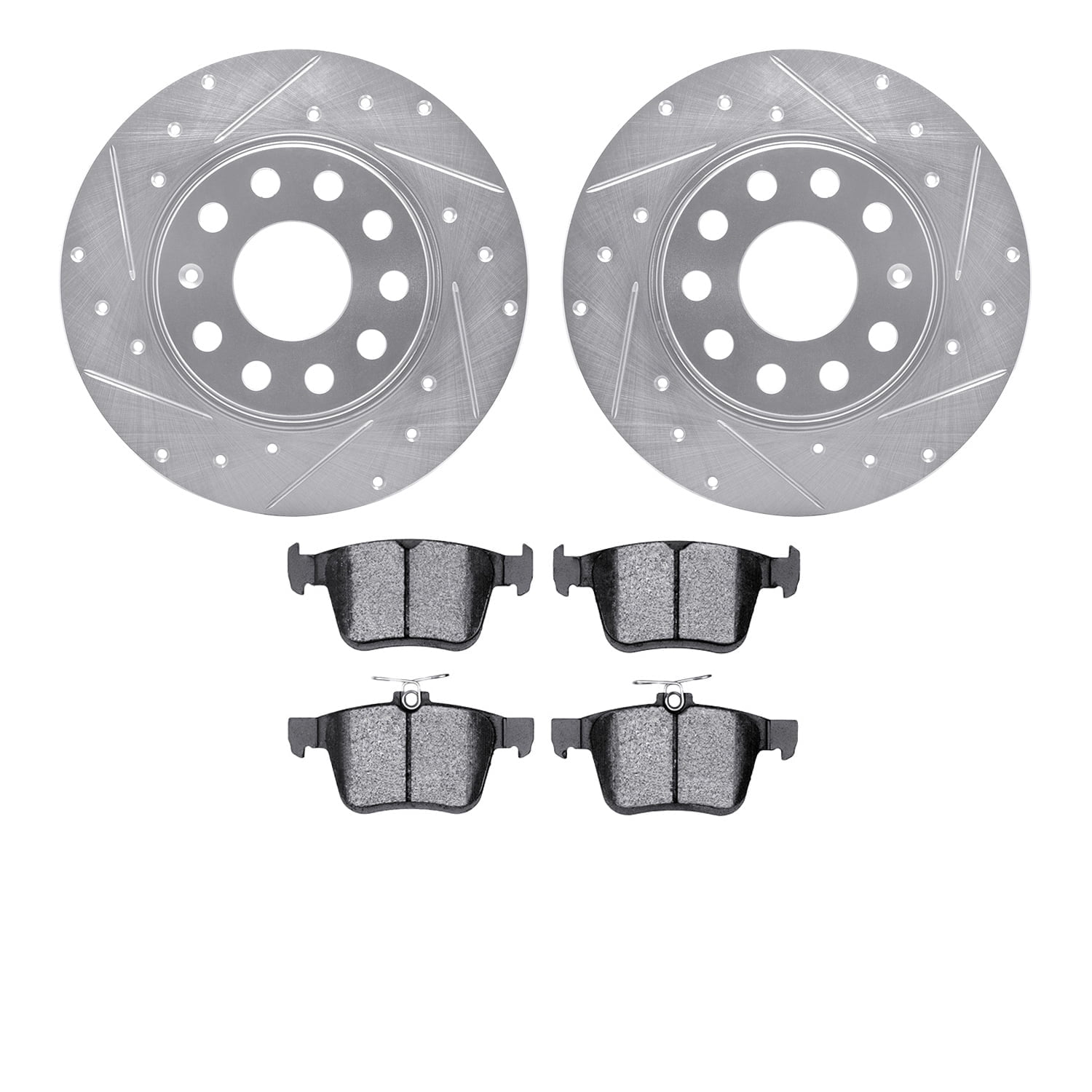 Dynamic Friction Company Rear Brake Rotors-Drilled and Slotted-Silver with 5000 Advanced Brake Pads 7502-74029