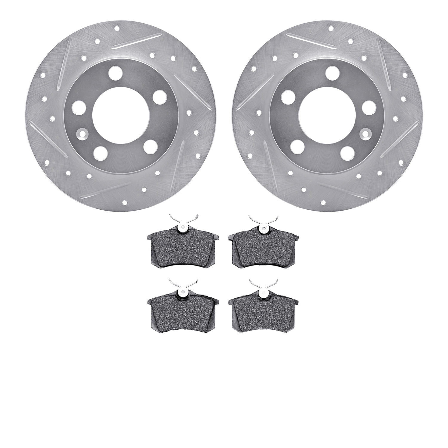 Dynamic Friction Company Rear Brake Rotors-Drilled and Slotted-Silver with 5000 Advanced Brake Pads 7502-74034