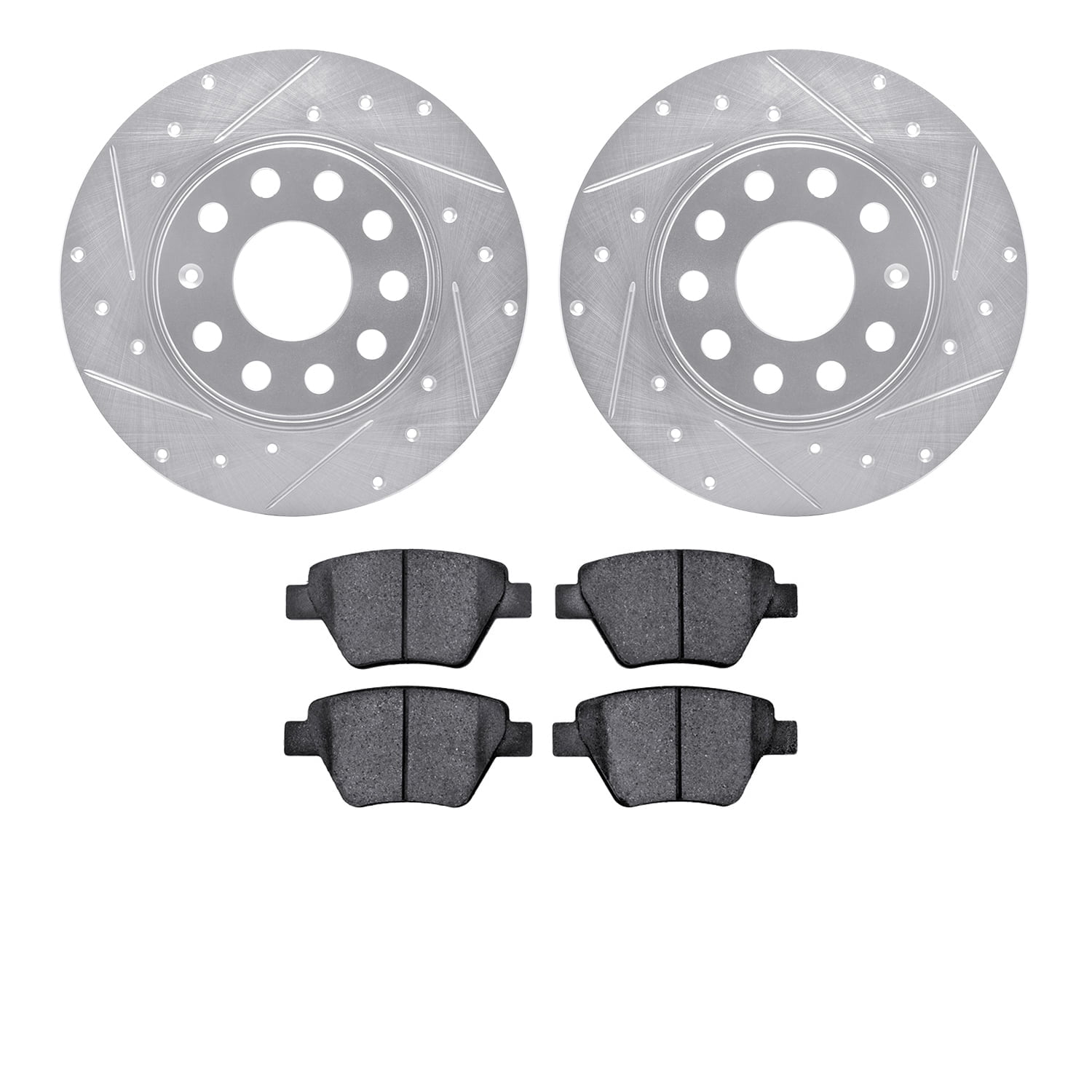 Dynamic Friction Company Rear Brake Rotors-Drilled and Slotted-Silver with 5000 Advanced Brake Pads 7502-74060