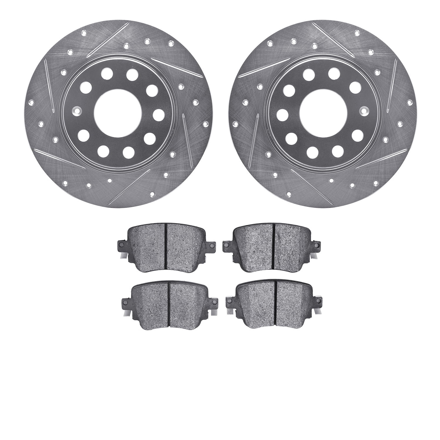 Dynamic Friction Company Rear Brake Rotors-Drilled and Slotted-Silver with 5000 Advanced Brake Pads 7502-74061