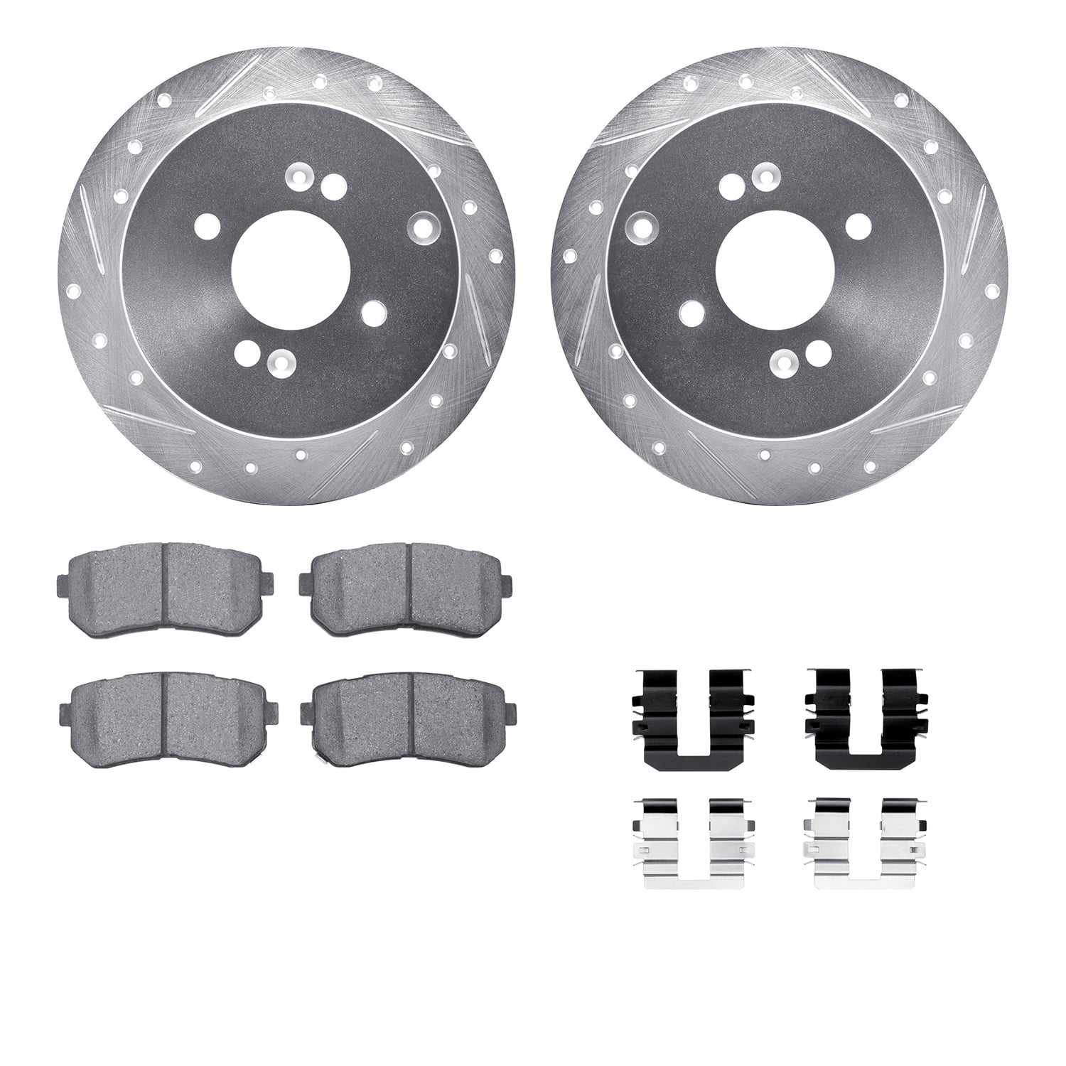 Dynamic Friction Company Rear Brake Rotors-Drilled and Slotted-Silver with 5000 Advanced Brake Pads includes Hardware 7512-03002
