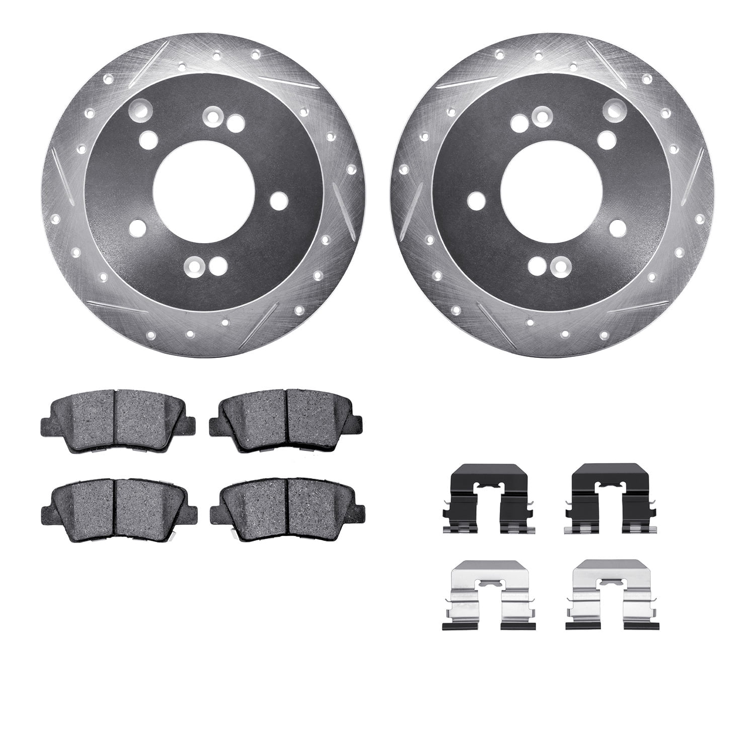 Dynamic Friction Company Rear Brake Rotors-Drilled and Slotted-Silver with 5000 Advanced Brake Pads includes Hardware 7512-03016