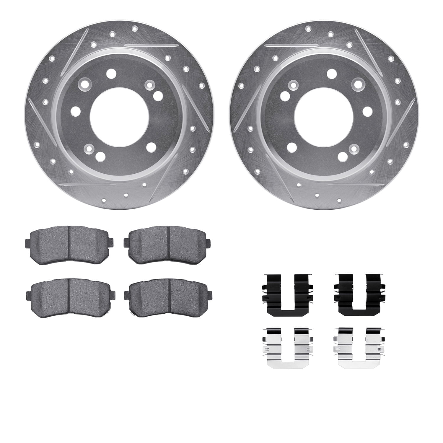 Dynamic Friction Company Rear Brake Rotors-Drilled and Slotted-Silver with 5000 Advanced Brake Pads includes Hardware 7512-03038